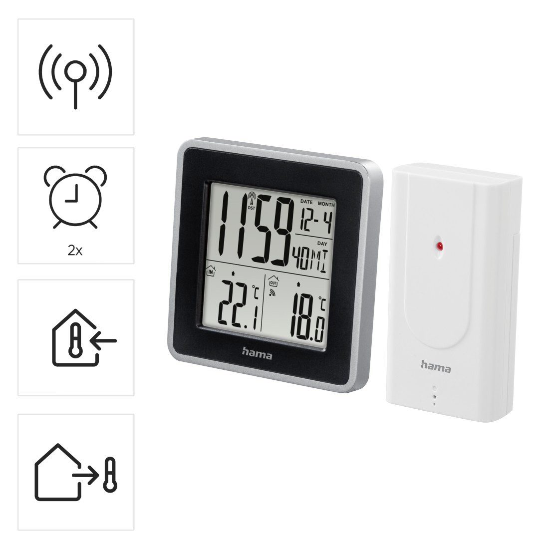 Hama Weerstation "EWS Intro" Buitensensor, radiosignaal, binnen-/buitentemperatuur, radiografische klok, wekker, kalender (2-delig)