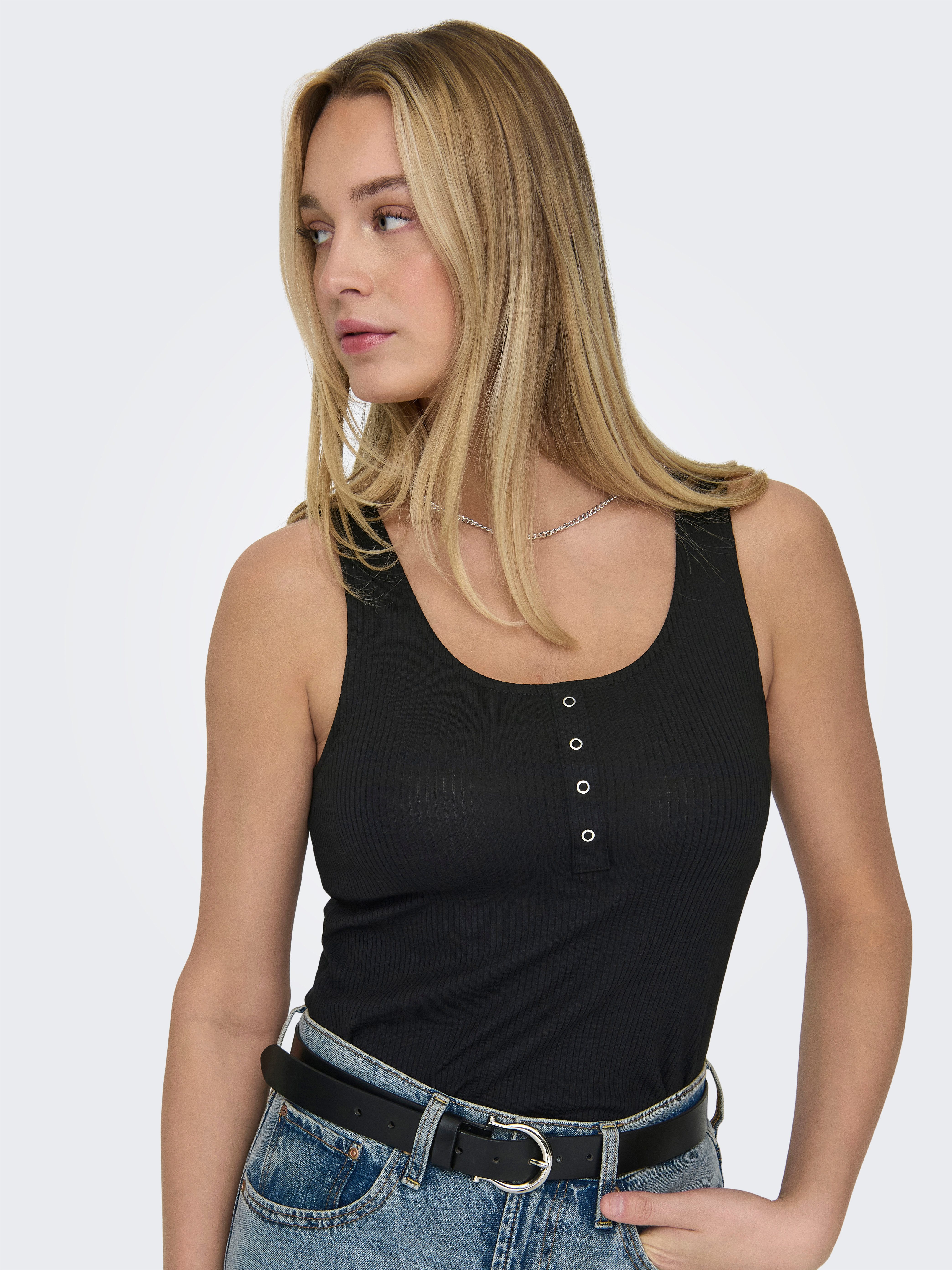 Only Geribde tanktop ONLSIMPLE LIFE S/L BUTTON TOP JRS CS 2PK (set, 2-delig)