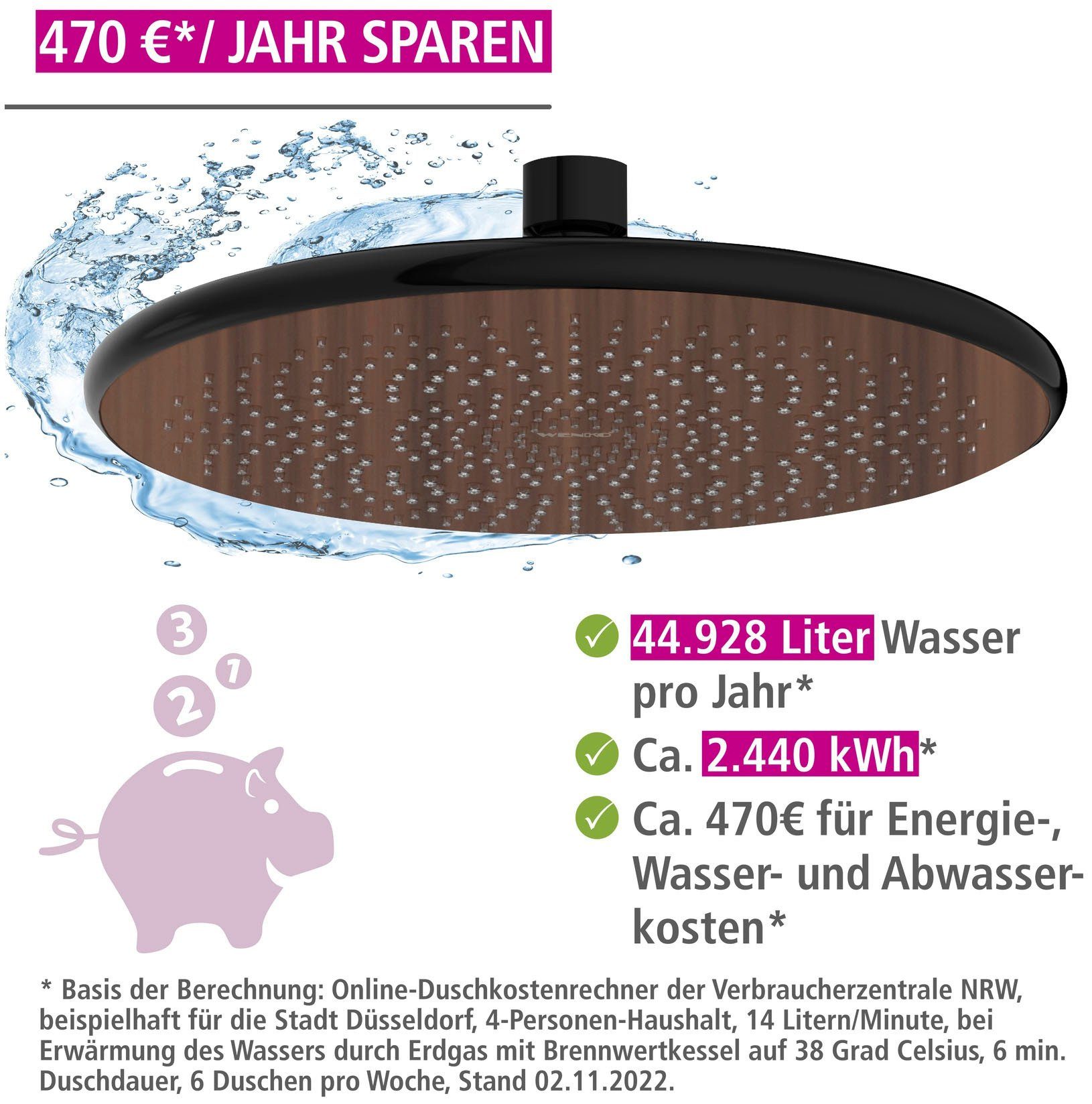 WENKO Regendouchekop Watersaving Hout, Ø 22,5 cm (1-delig)