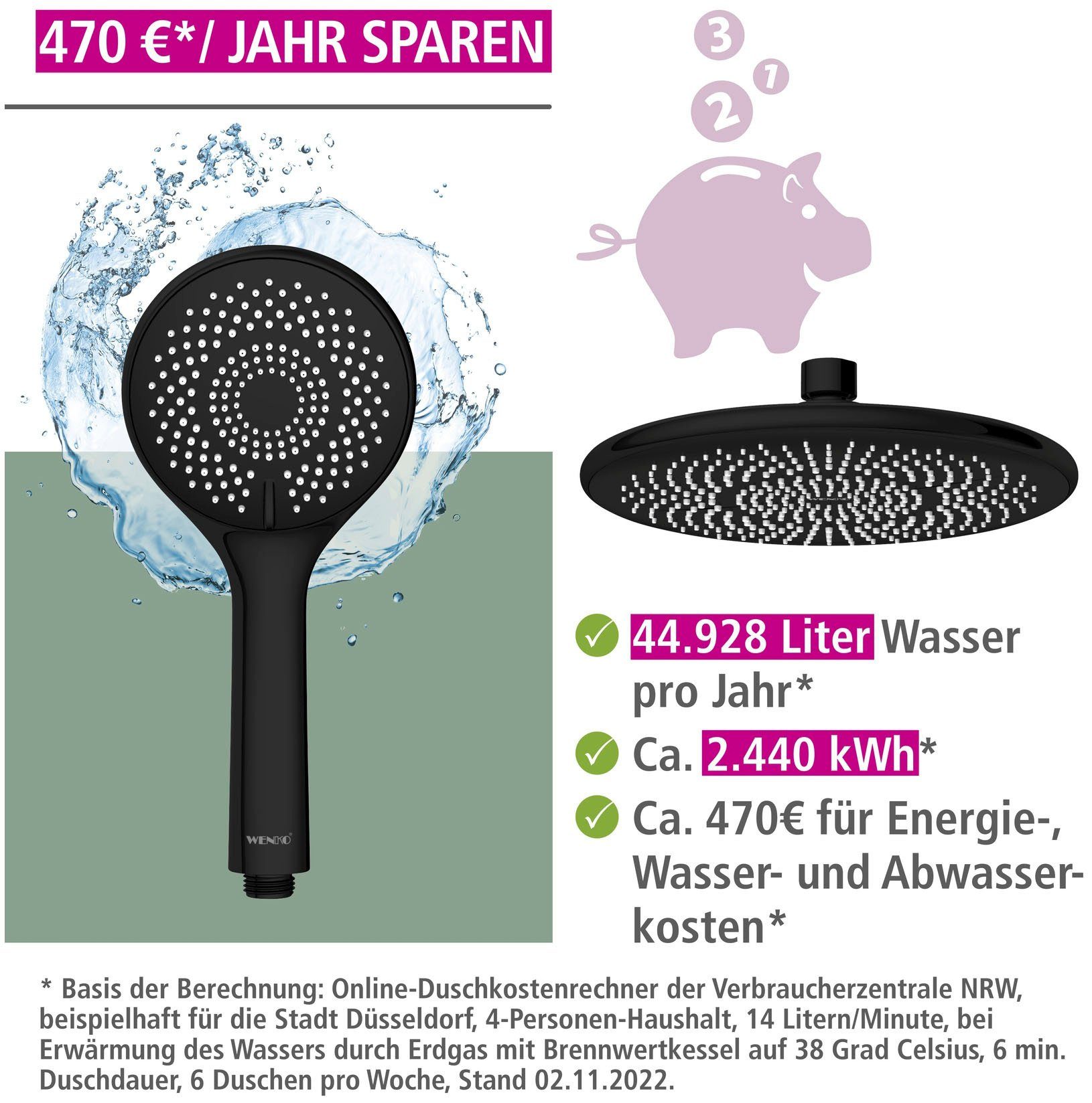 WENKO Douchesysteem Watersaving eenvoudige aansluiting op bestaande kraan of wandbocht