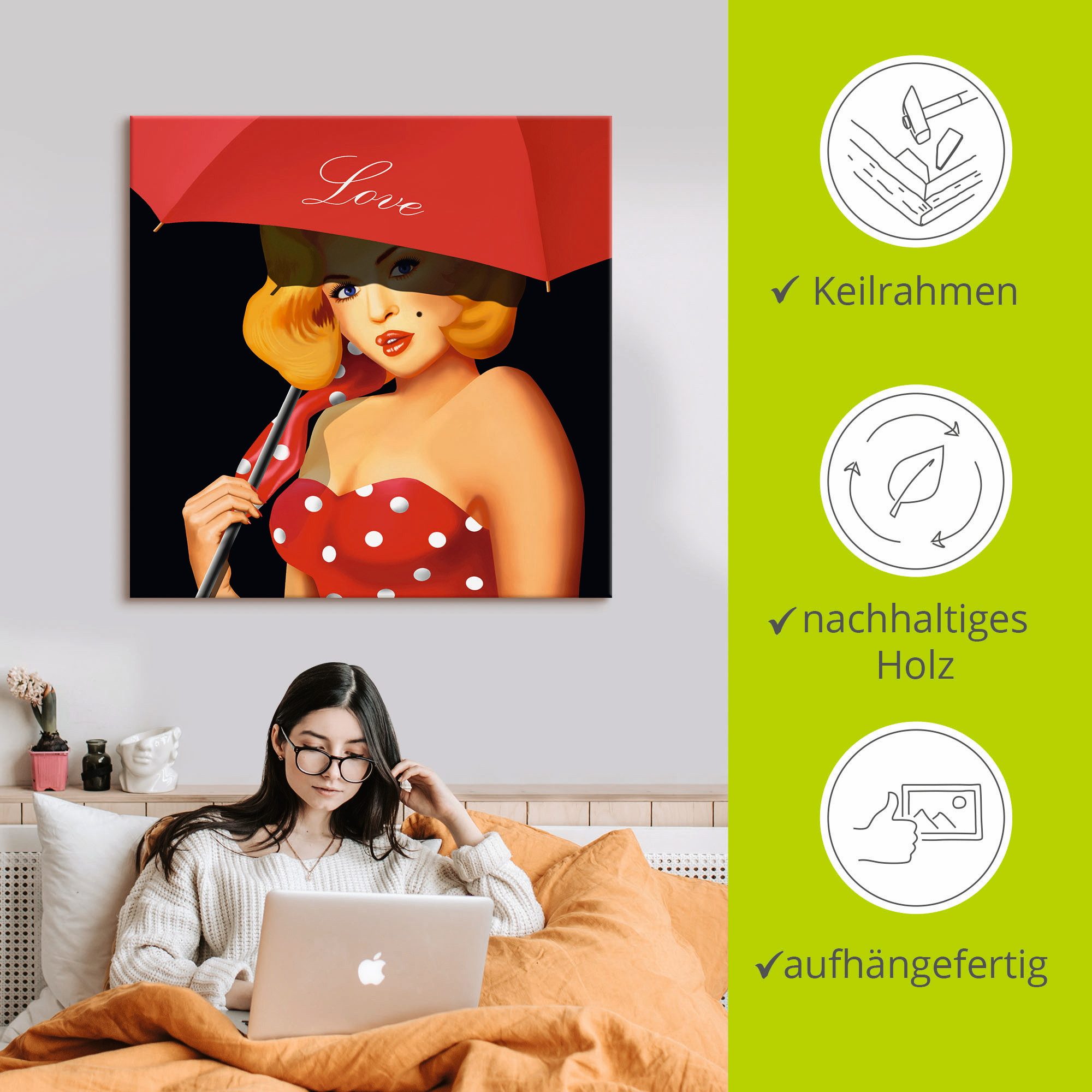 Artland Artprint Pin-upgirl onder rode paraplu als artprint van aluminium, artprint voor buiten, artprint op linnen in verschillende maten