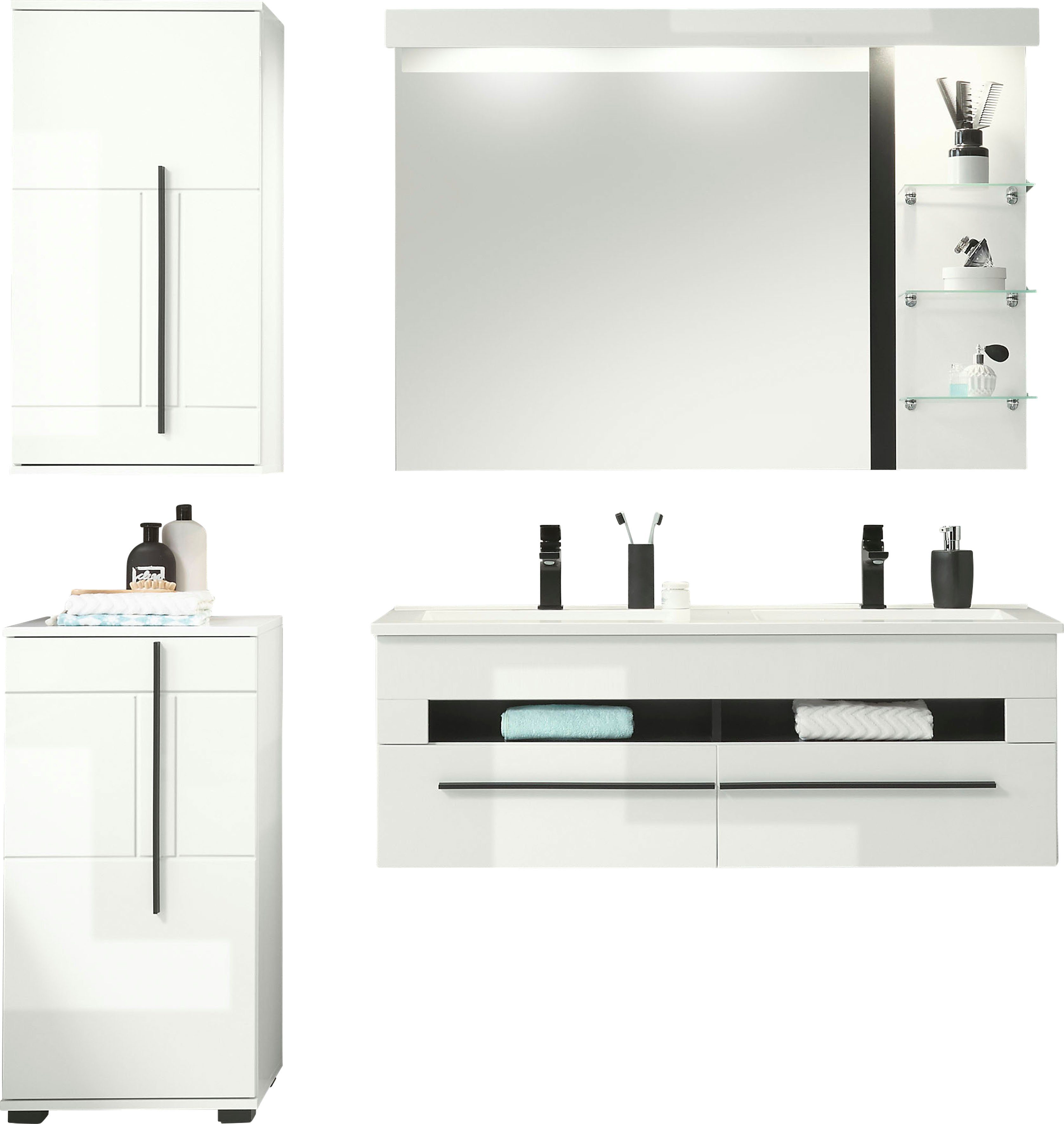 INOSIGN Badkamerserie Cantara, badkamer in modern ontwerp, 4-delig badkamer Waschtafel, kast, hangkast en spiegel, in wit hoogglans (set, 4-delig)