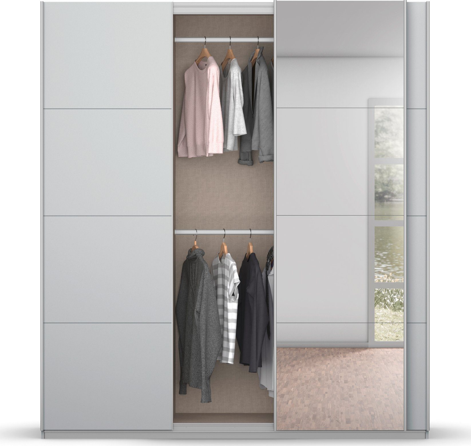 rauch Zweefdeurkast Kledingkast kast garderobe BESTSELLER KOLUNA met spiegel inclusief 2 binnenladen en extra legplanken made in germany