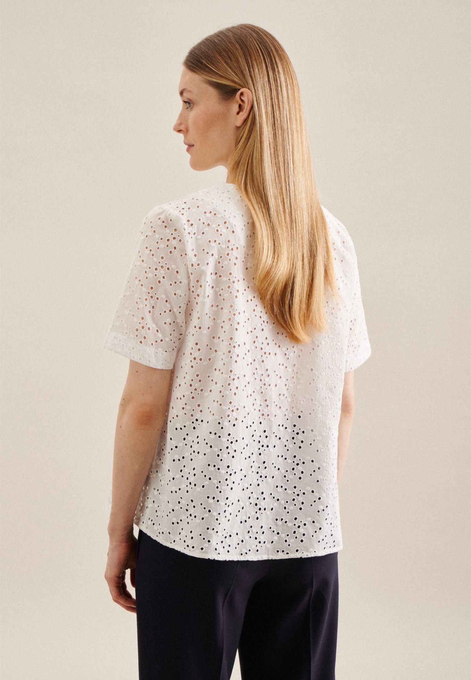 seidensticker Shirtblouse Zwarte roos Korte mouwen ronde hals borduursel