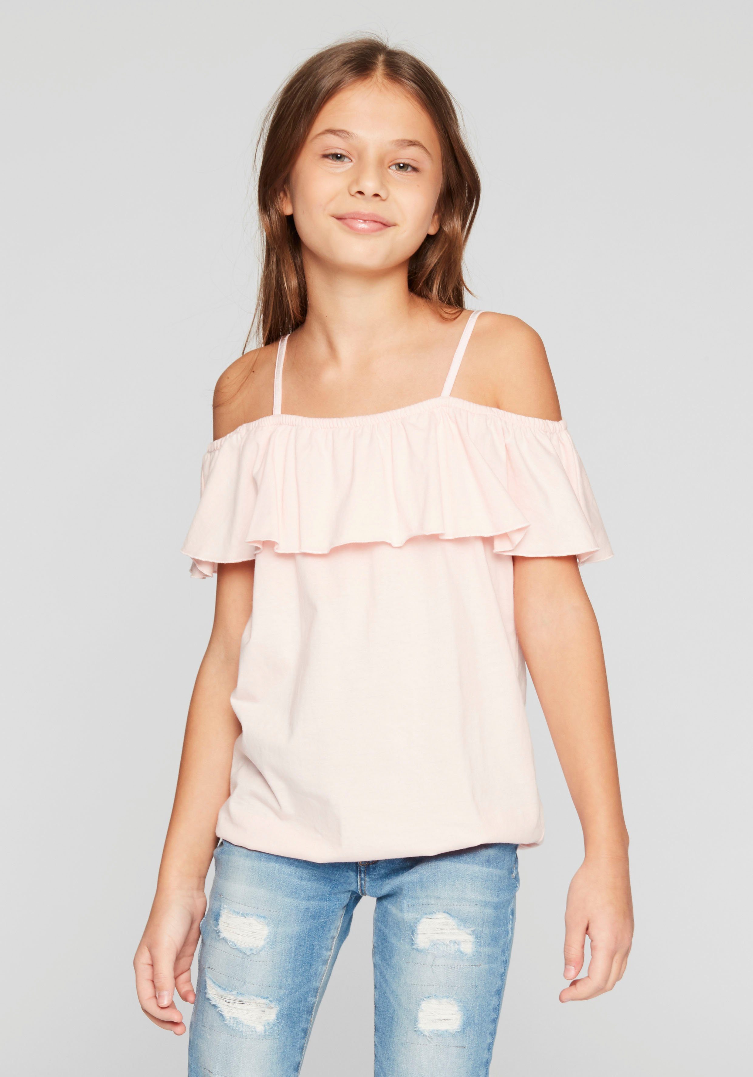 KIDSWORLD T-shirt Volant-Shirt Korte mouwen, wijde pasvorm, carmenhals, van jersey stof
