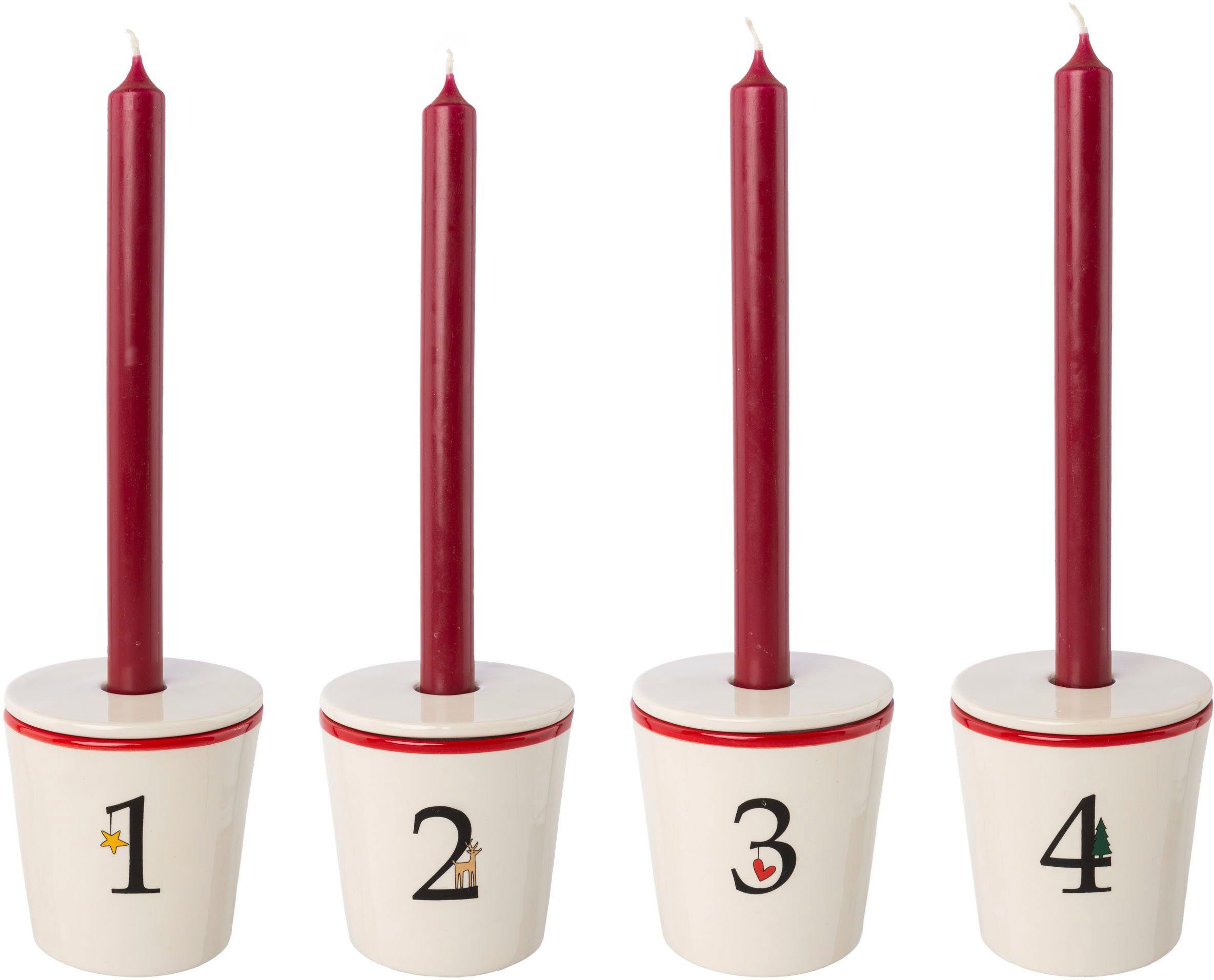 Creativ deco Kandelaar Staafkaarsenhouder voor de adventstijd, kerstdecoratie Beker van keramiek met deksel 1 tot 4, hoogte ca. 10 cm, adventslantaarn (set, 4 stuks)