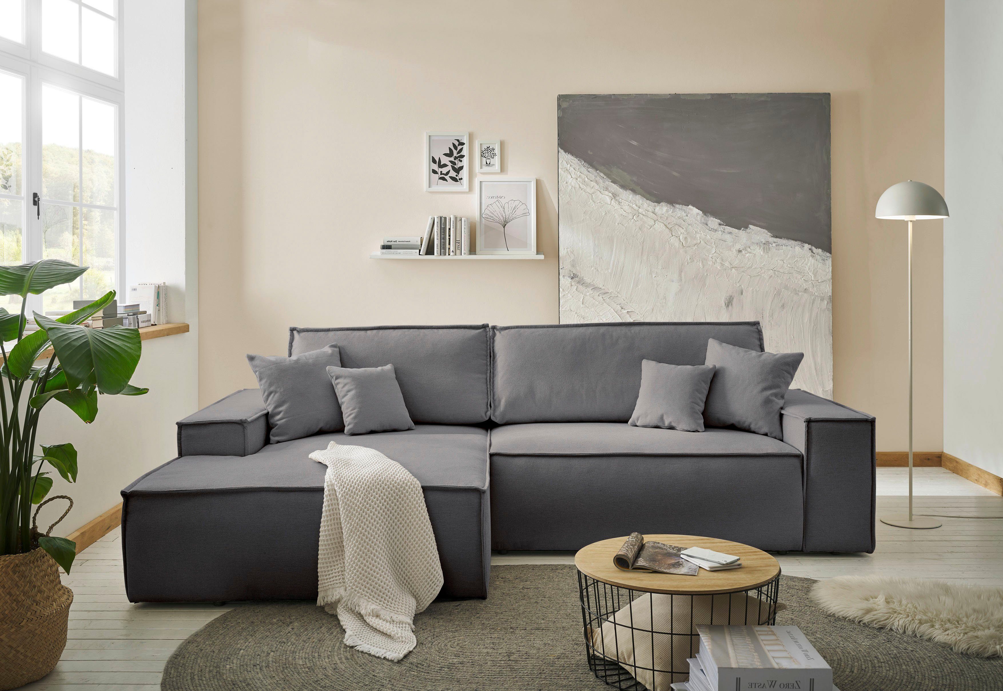 andas Hoekbank Finnley slaapbank 267 cm in Bouclé, fijne structuur en cord, L-vorm