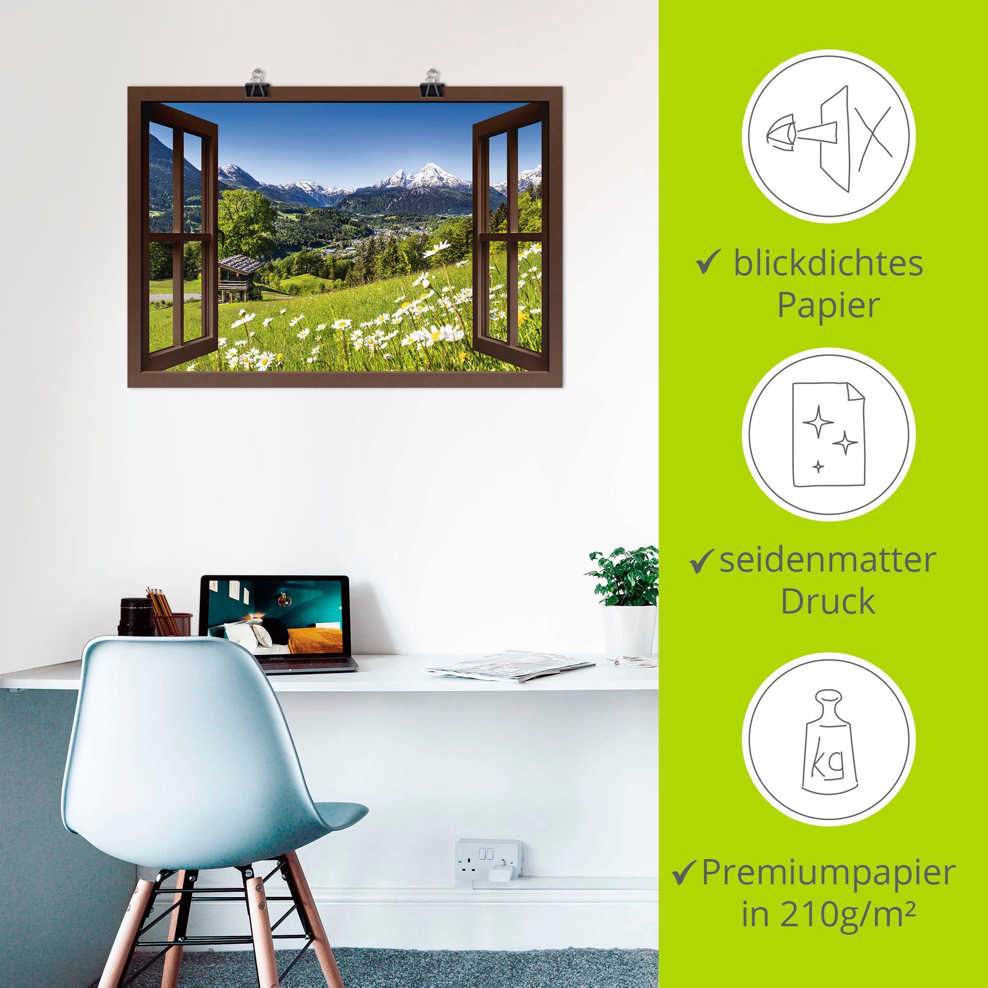 Artland Artprint Blik uit het venster Beierse Alpen als artprint van aluminium, artprint voor buiten, artprint op linnen, poster, muursticker