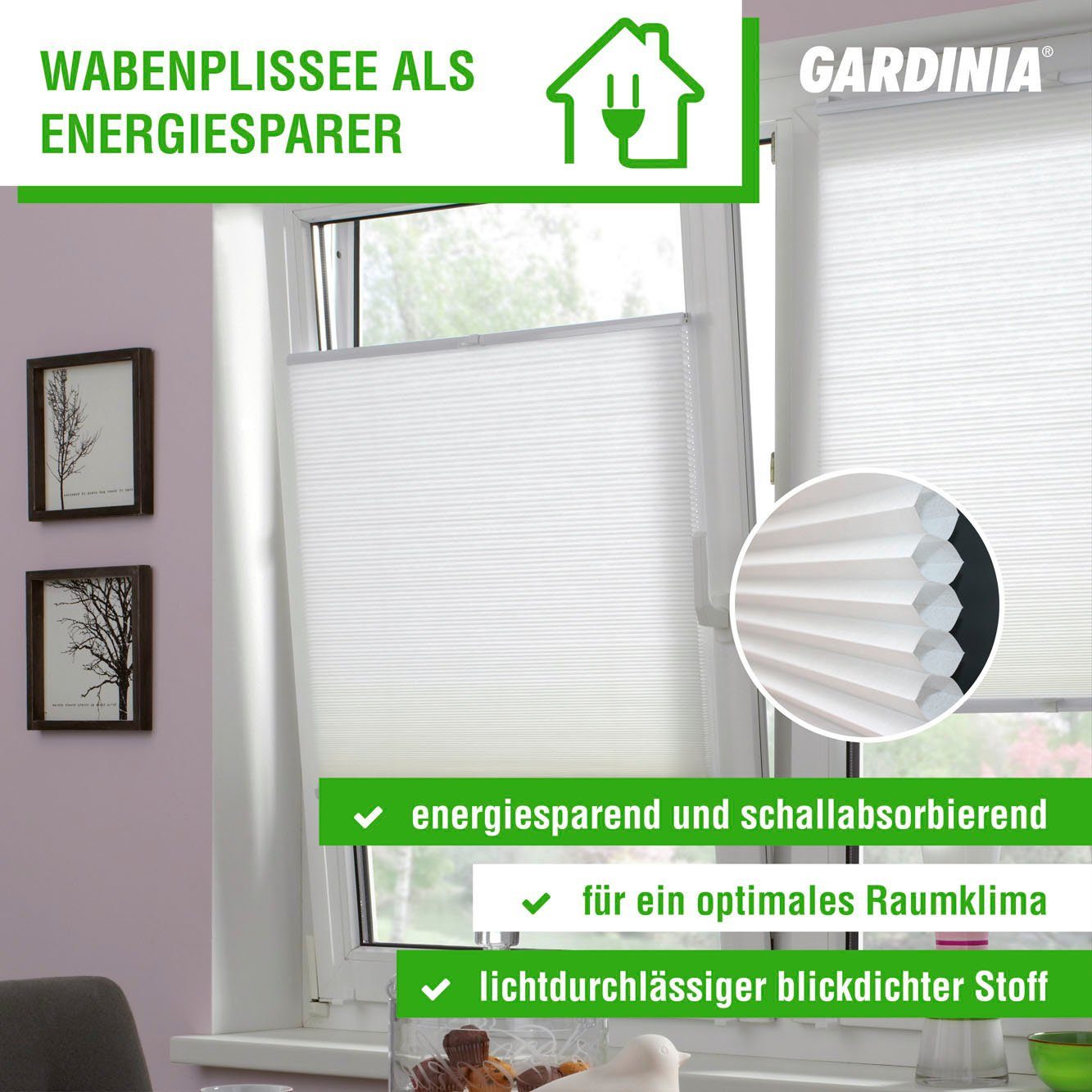 GARDINIA Plisségordijn met honingraatstructuur Concept daglicht energiebesparend en geluiddempend (1 stuk)