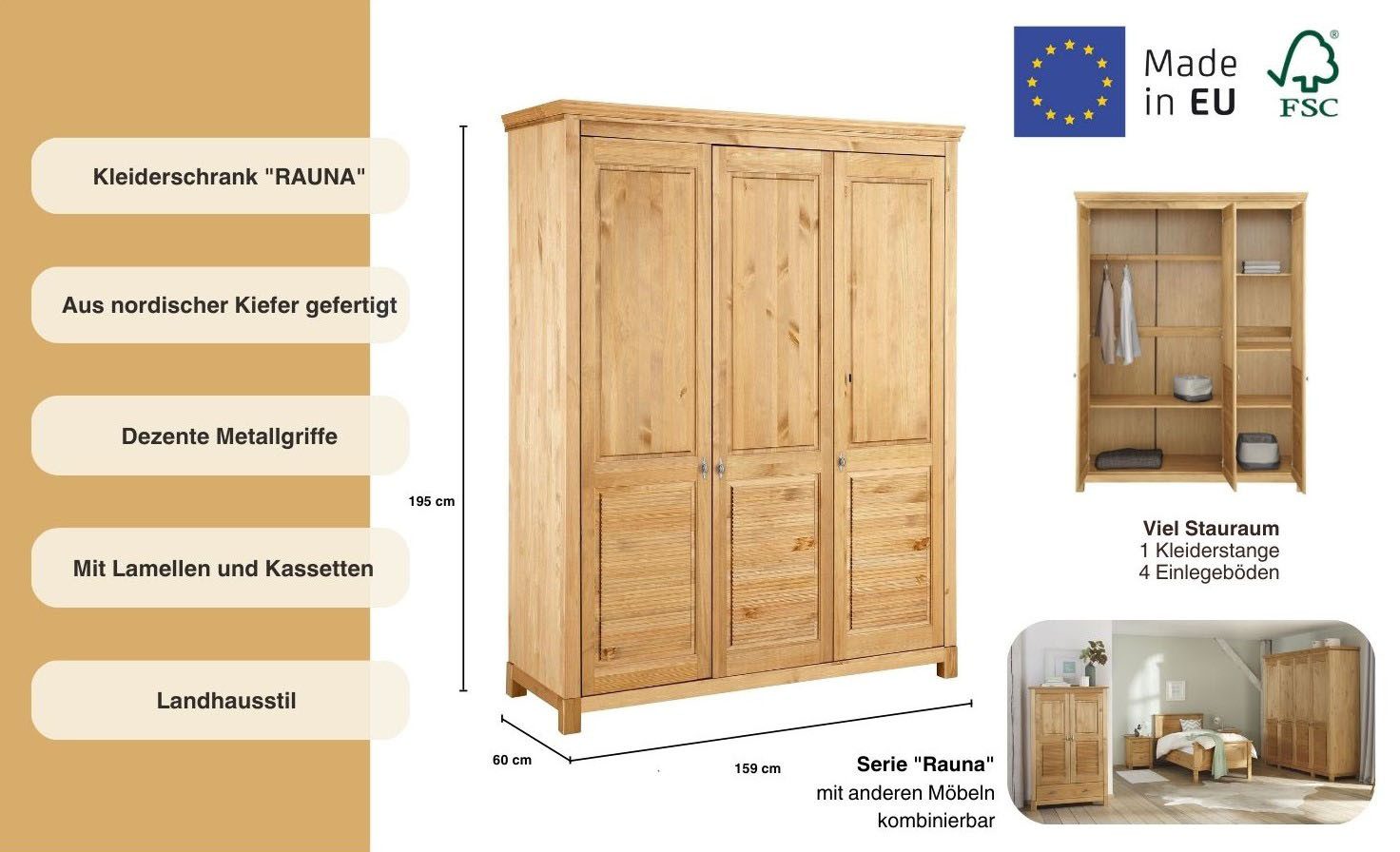Home affaire Kledingkast Rauna, met lamellen en kassetten, klassiek landelijke stijl, rustiek massief grenen, metalen handgrepen, meerdere varianten, tijdloos design