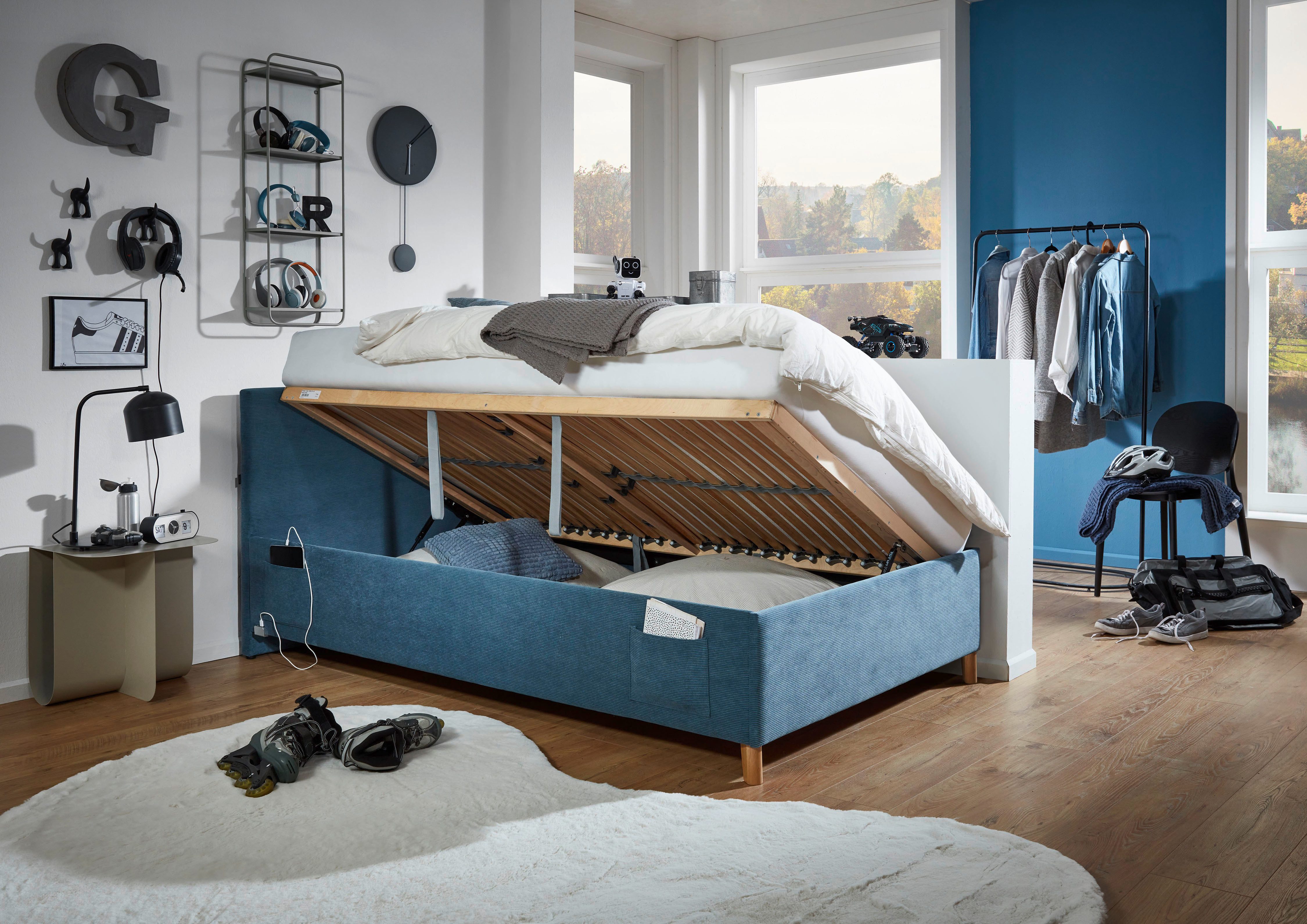 meise.möbel Kinderledikant Blauw Bekleed bed naar keuze met bedkist, tienerbed inclusief USB-aansluiting