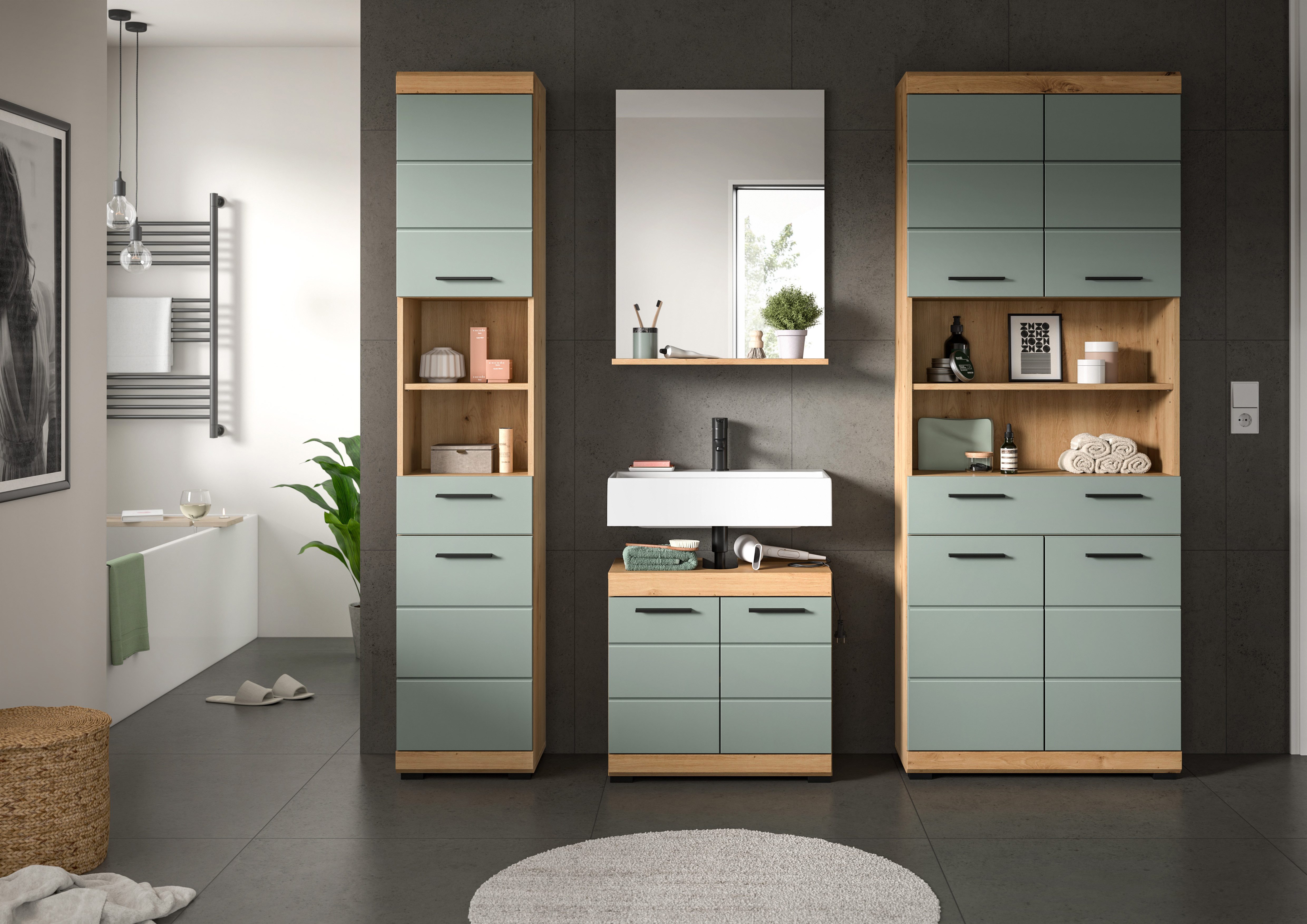 INOSIGN Badkamerserie Siena, 4-delig, bestaande uit: Hoge kast, wastafelonderkast, badkamer spiegel, brede hoge kast (set, 4-delig)