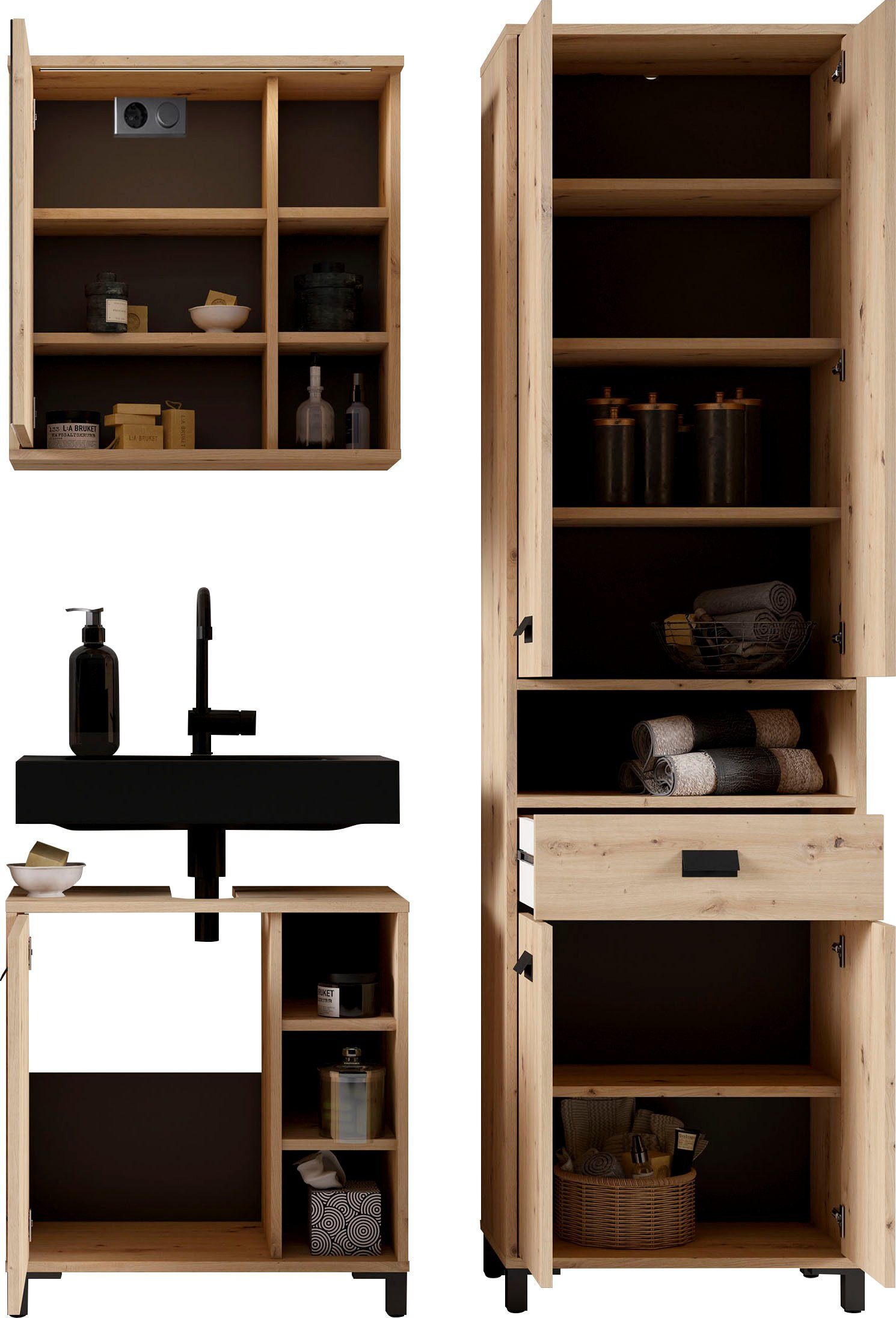 byLIVING Hoge kast Wellness Badkamer hoge kast met 4 deuren en lade voor veel opbergruimte