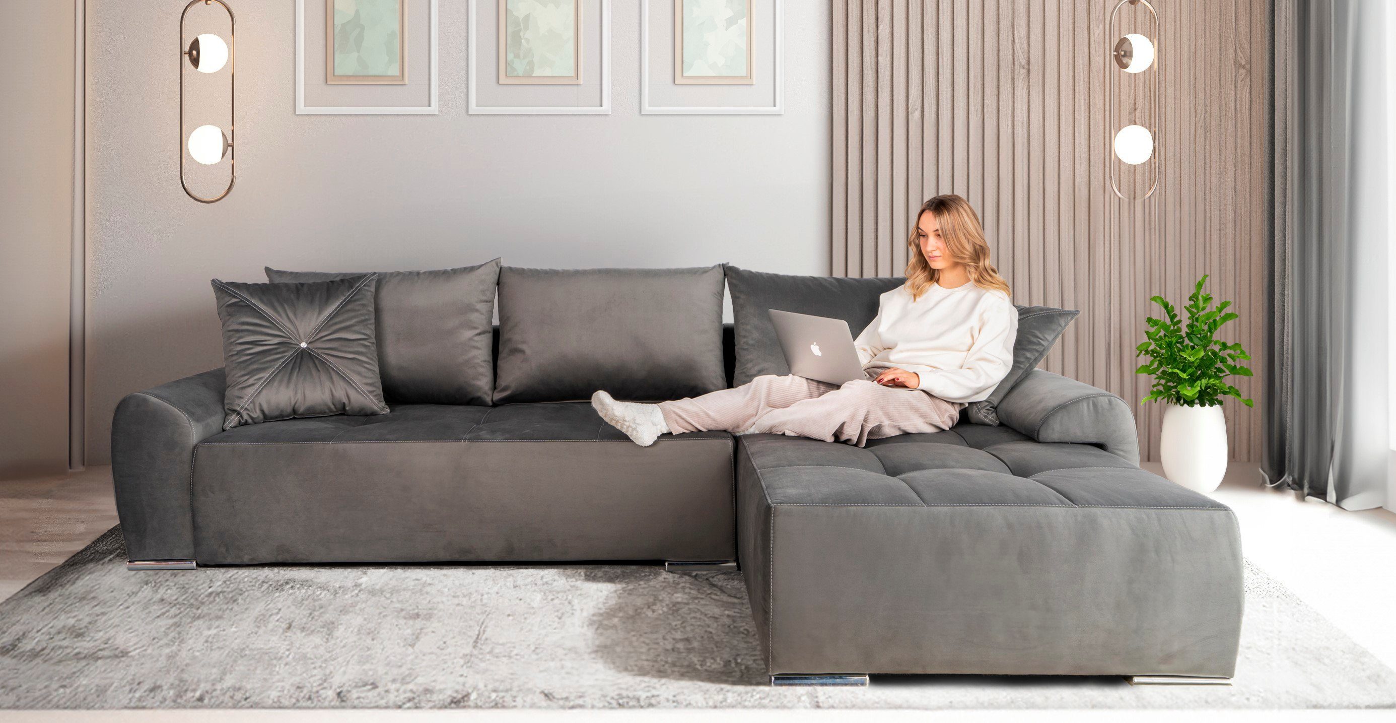 COLLECTION AB Hoekbank Bilbao L-vorm incl. slaapfunctie, bedbox en sierkussens met stras
