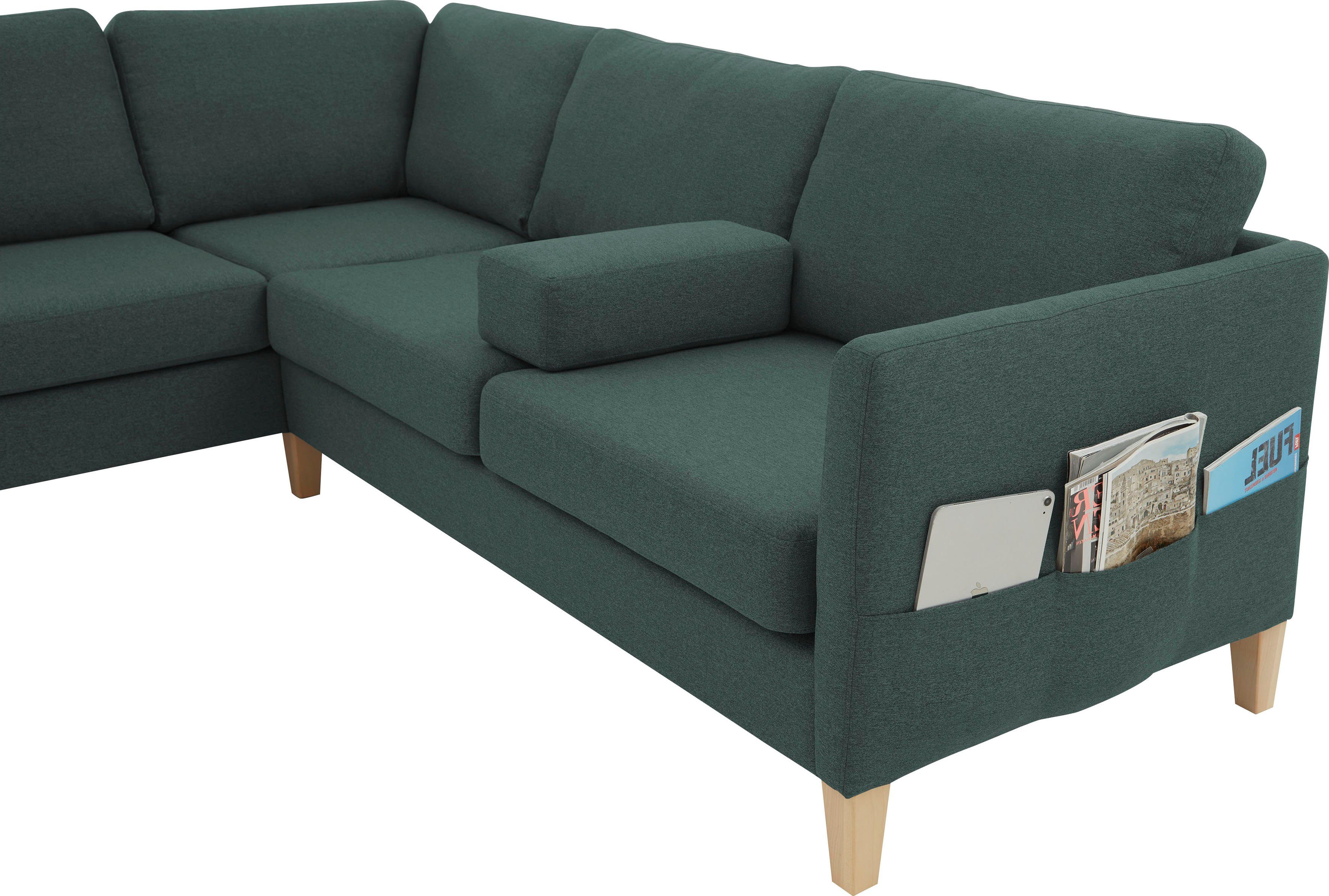 ATLANTIC home collection Hoekbank Mailo L-vorm met zakken opzij en ottomane, met massief houten poten