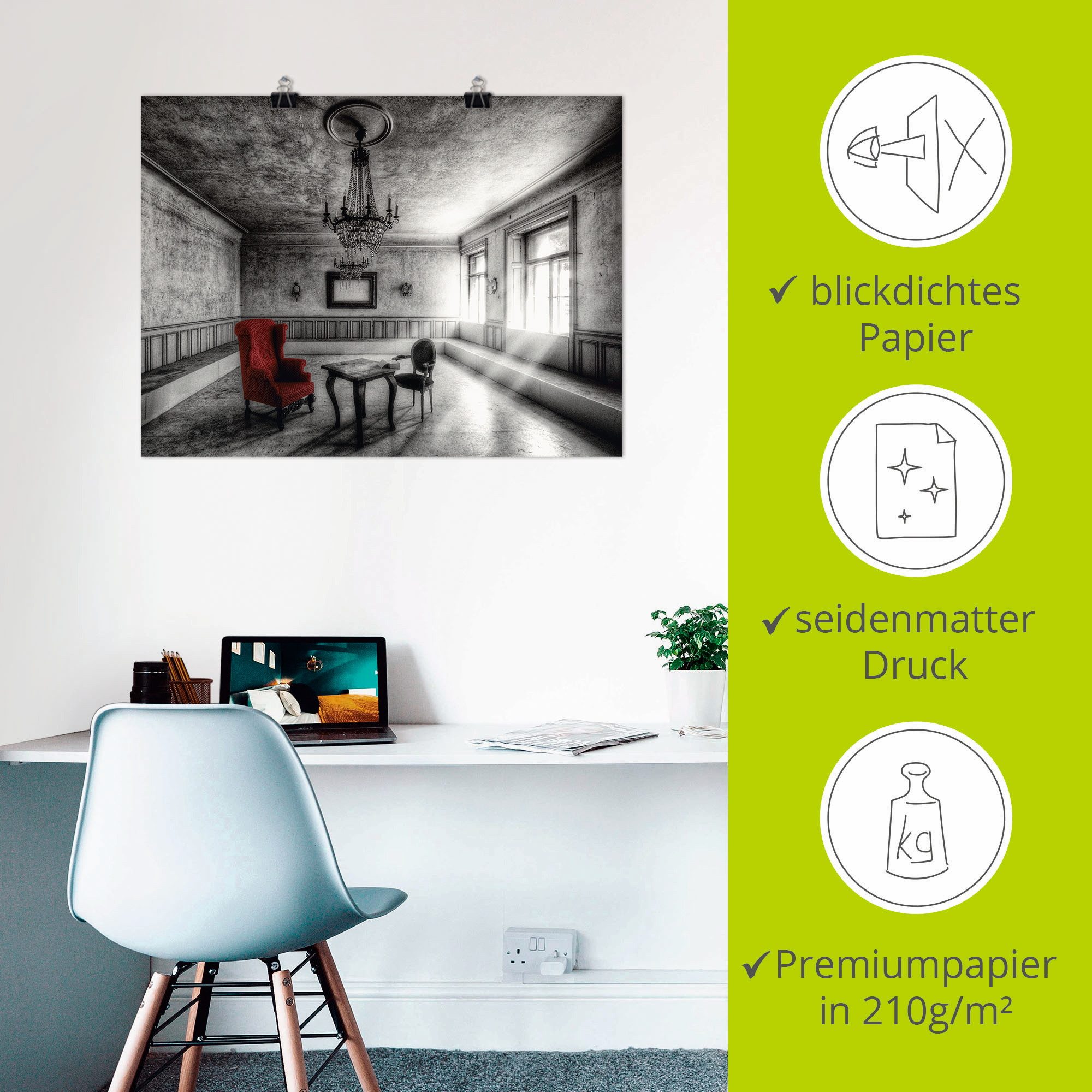 Artland Artprint Lost Place - rode fauteuil als artprint van aluminium, artprint voor buiten, artprint op linnen, poster, muursticker