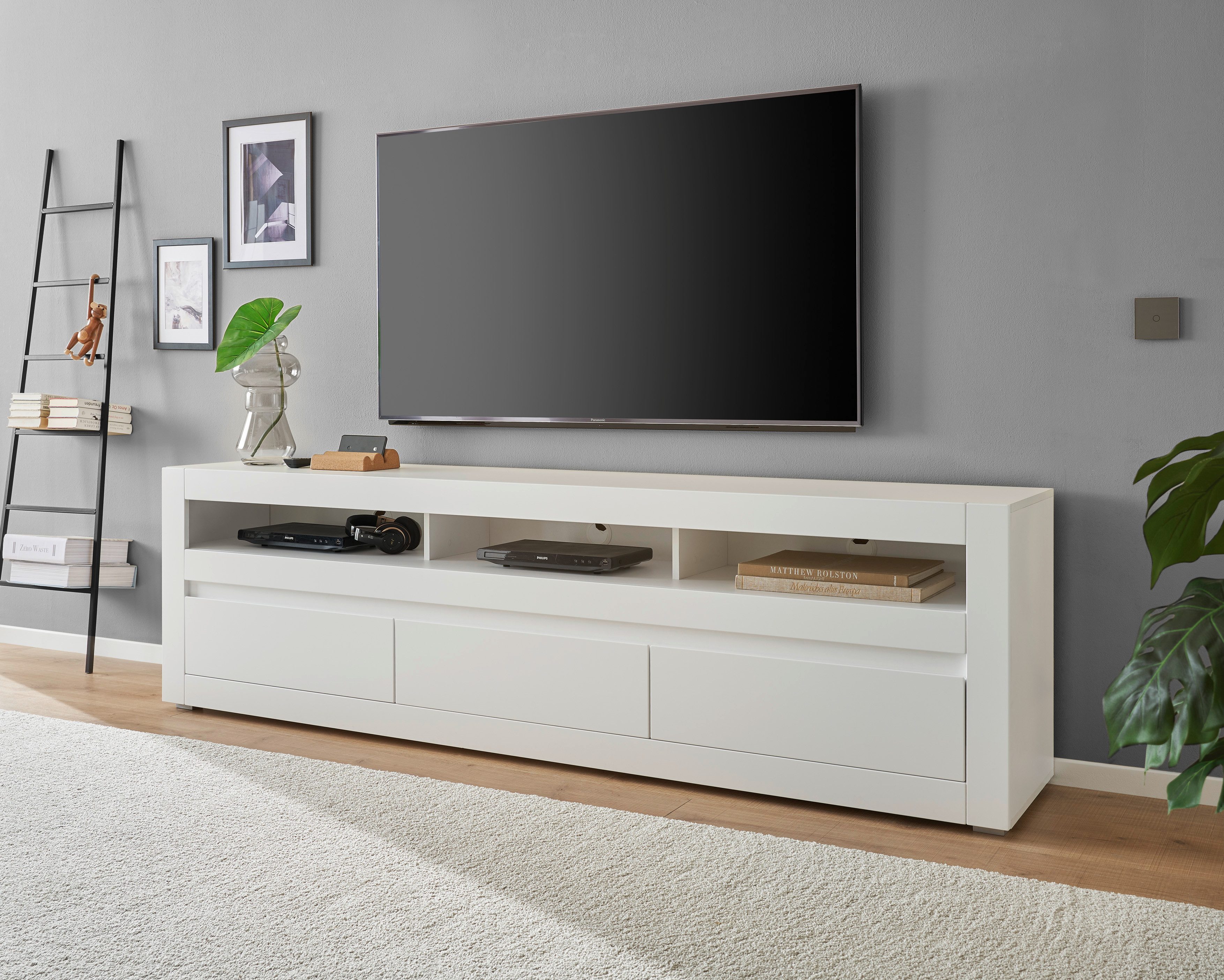 INOSIGN Tv-meubel Chester, moderne TV-kast, Ladekast met opbergruimte, Mat Wit vervangbare afdekking in grepline, tijdloos design, 217 cm breed (1 stuk)
