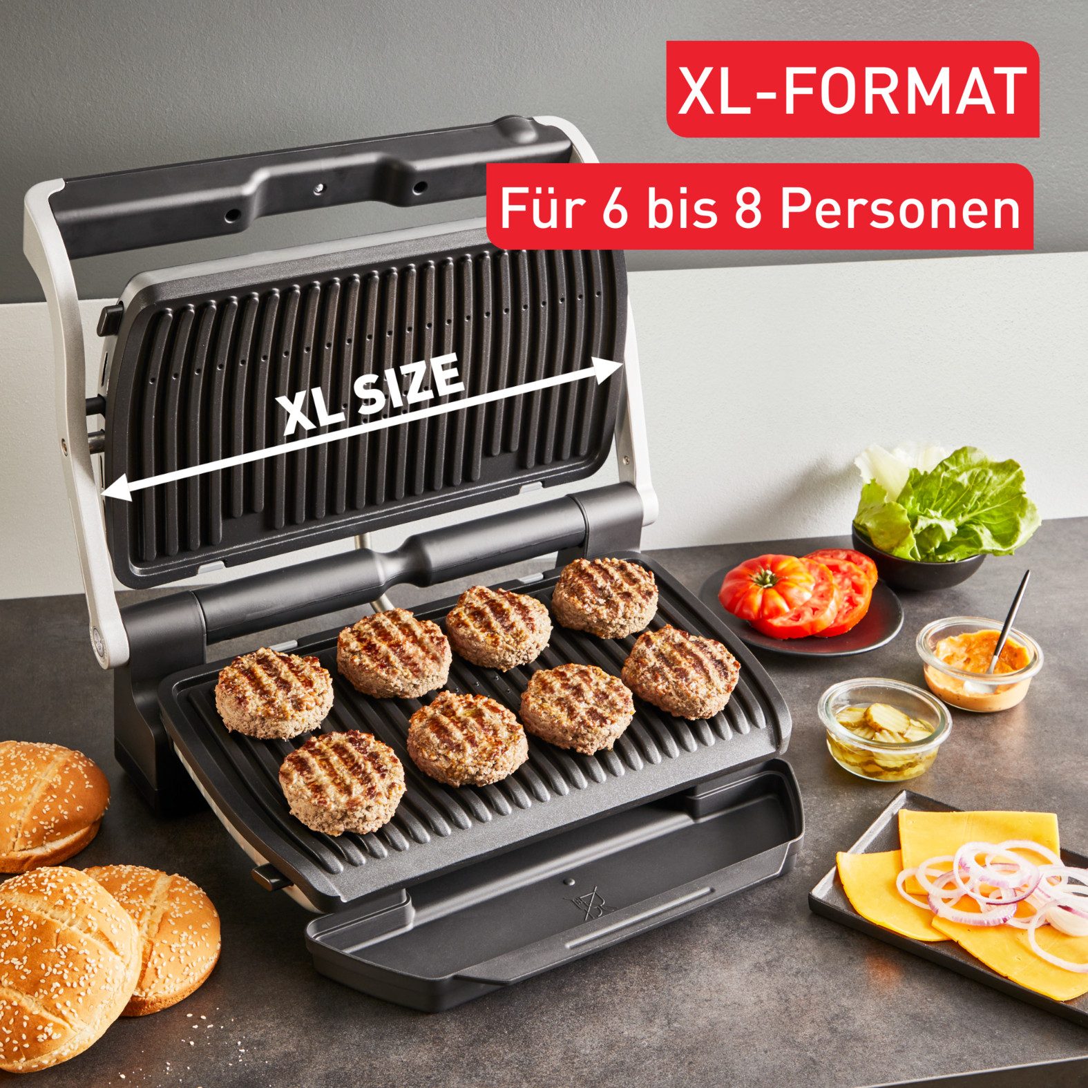 Tefal Contactgrill OptiGrill + XL, erneuerte Kochstufenanzeige, 9 automatische Programme vernieuwde kookniveau-indicator, handmatig + 9 automatische programma's