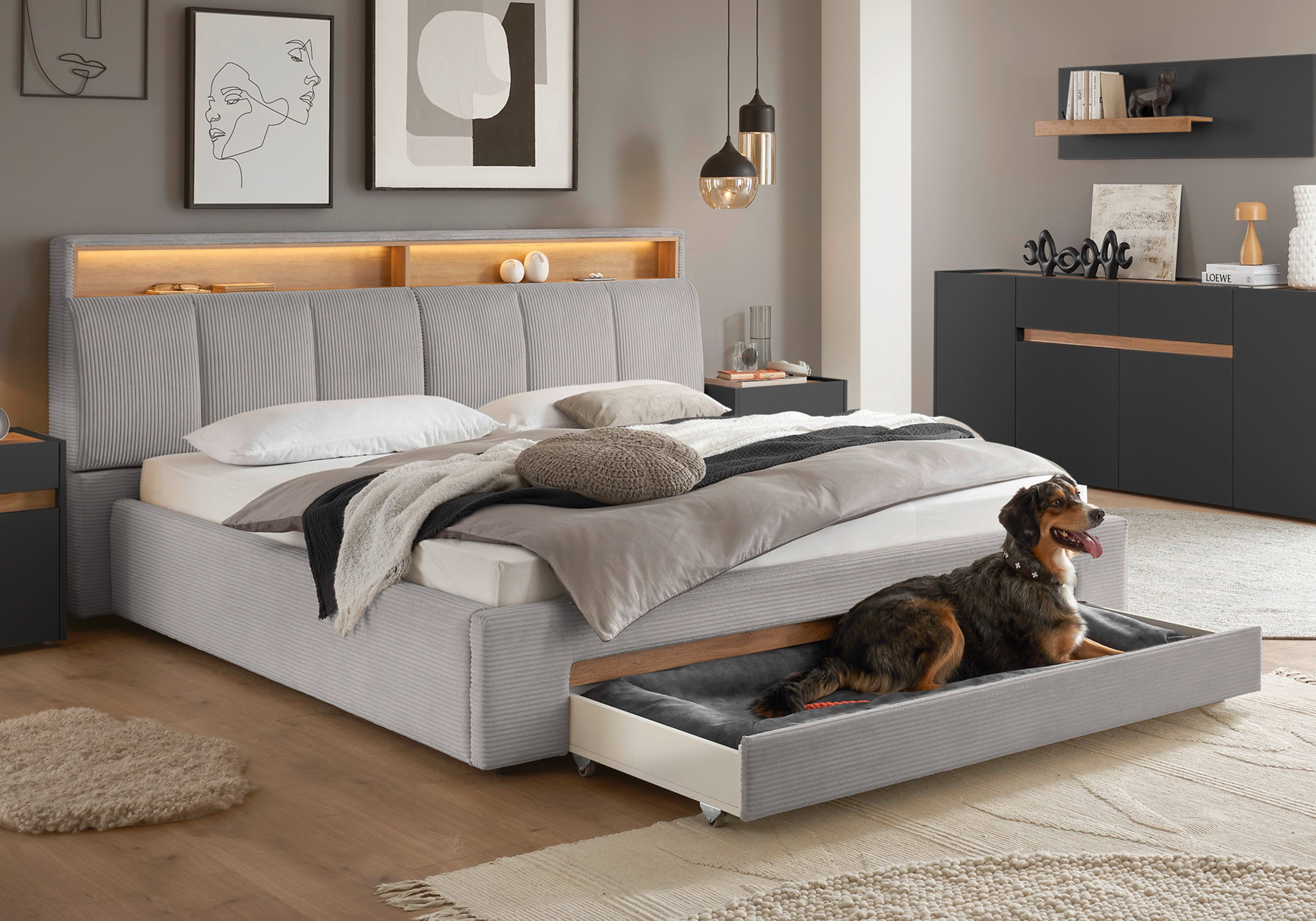 INOSIGN Gestoffeerd bed CiTY/GiRON,, gepolsterd opbergbed, met LED-verlichting Bedkisten met hondenbed of als opbergruimte, opklapbare hoofdeinden