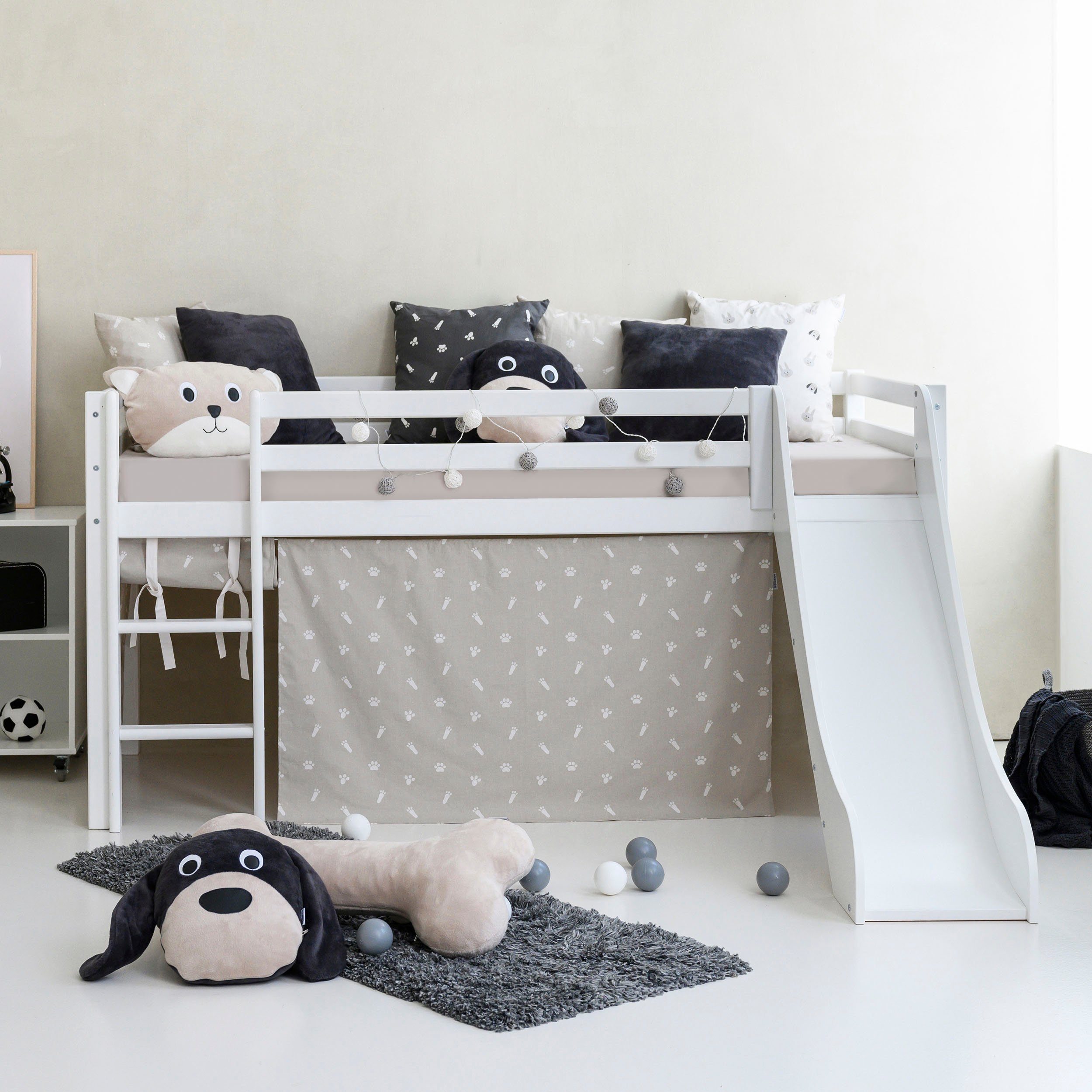 Hoppekids Hoogslaper Pets zilvergrijs Glijbaan & gordijn grijs en veel keus hoogslapers grijs