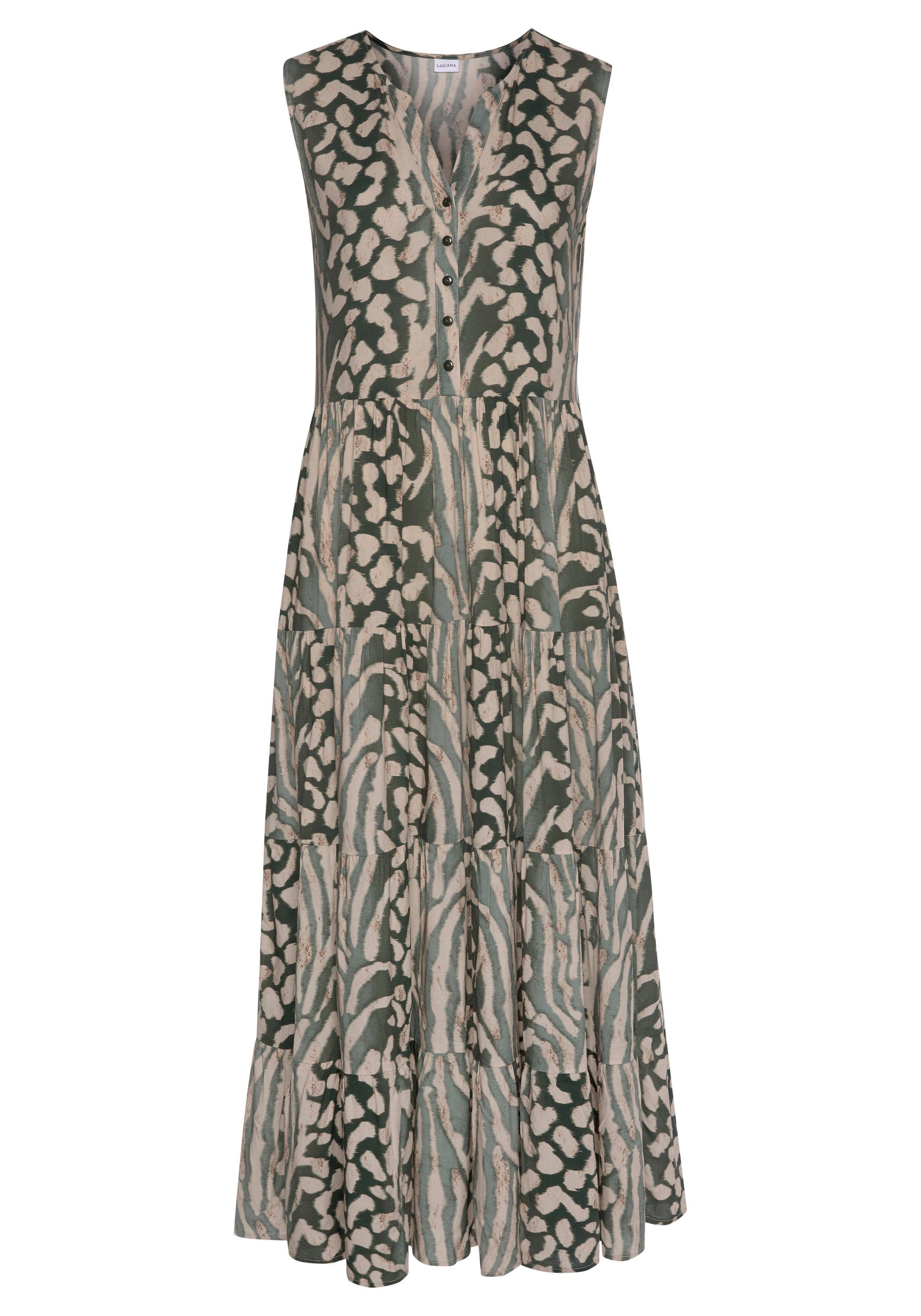 lascana maxi-jurk met animal print en knoopsluiting, zomerjurk, strandjurk groen