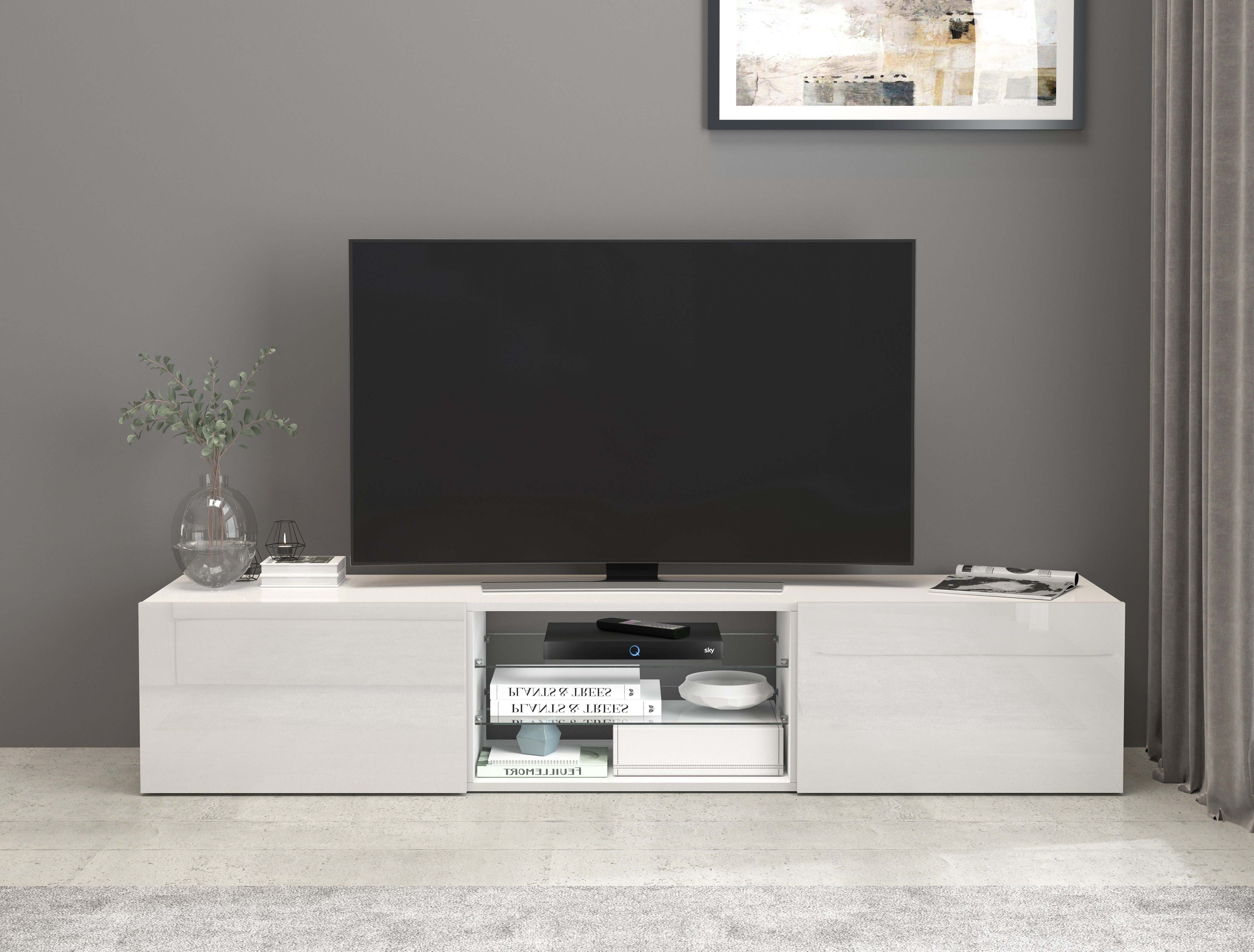 INOSIGN Tv-meubel Egypt, Lowboard, TV-ladekast, TV-meubel, TV-bank met 2 kleppen, 2 glazen planken, volledig hoogglans gelakt (b/d/h) 180x38x35 cm