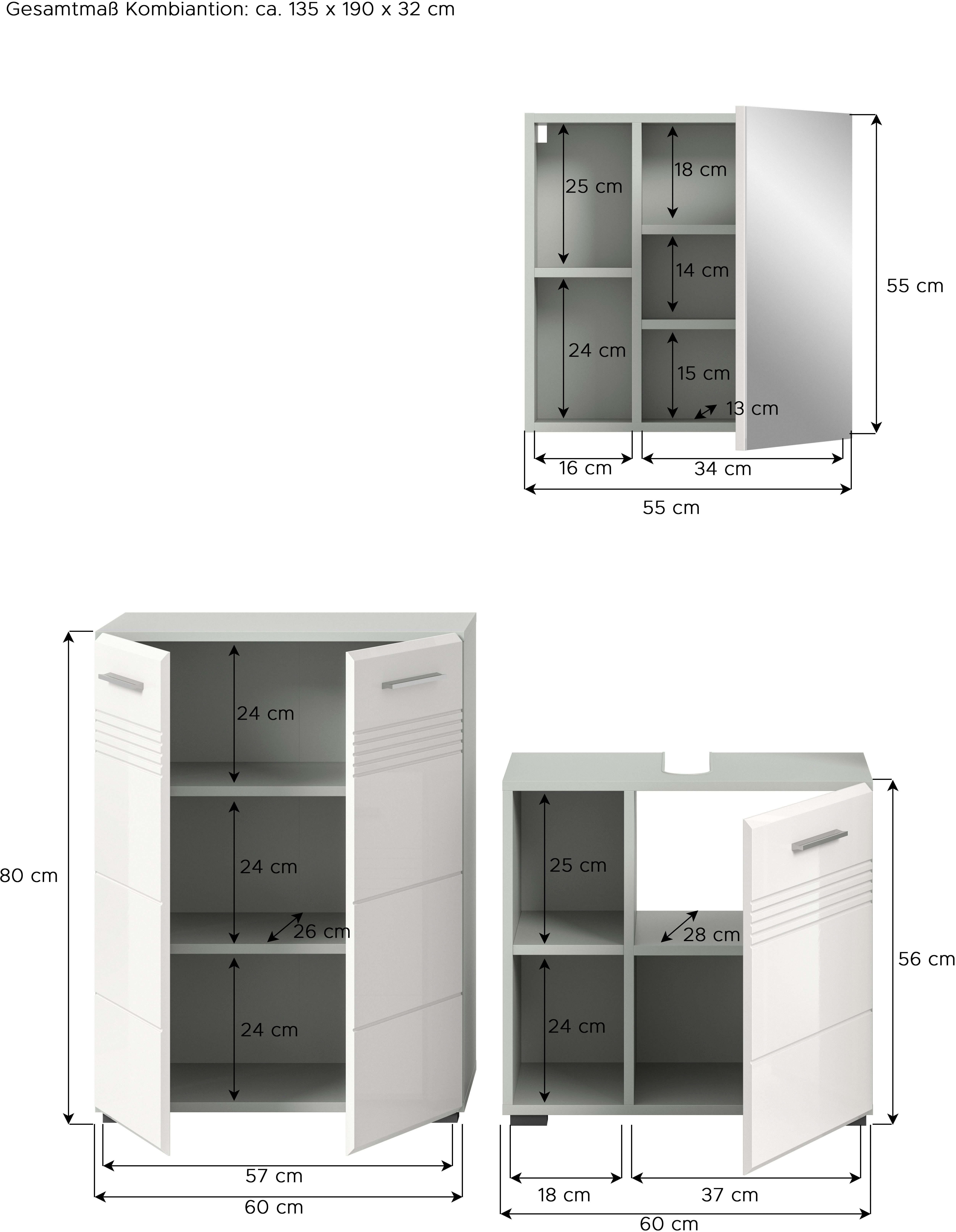 welltime Badmeubelset Calicio, bestaande uit: midikast, wastafelonderkast Spiegelschrank, hoogwaardige MDF front met groeffrasing (3 stuks)