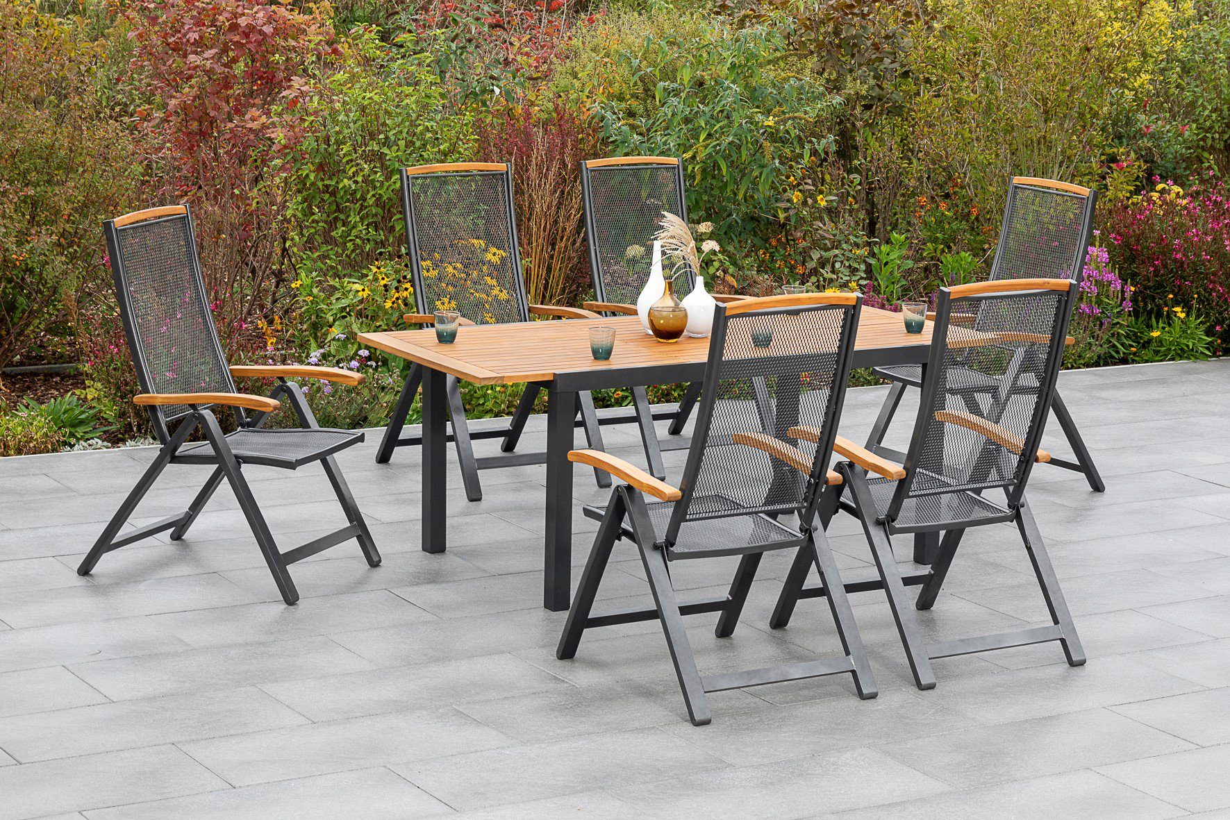 MERXX Tuin-eethoek Tilos 6 klapstoelen met uittrekbare tafel (7-delig) tuinsets bruin