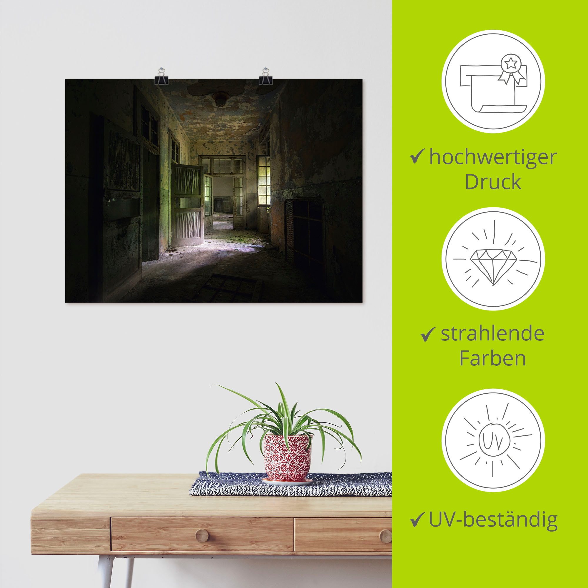 Artland Artprint Lost Place naargeestige hal deuren gang als artprint van aluminium, artprint voor buiten, artprint op linnen, poster in verschillende maten. maten