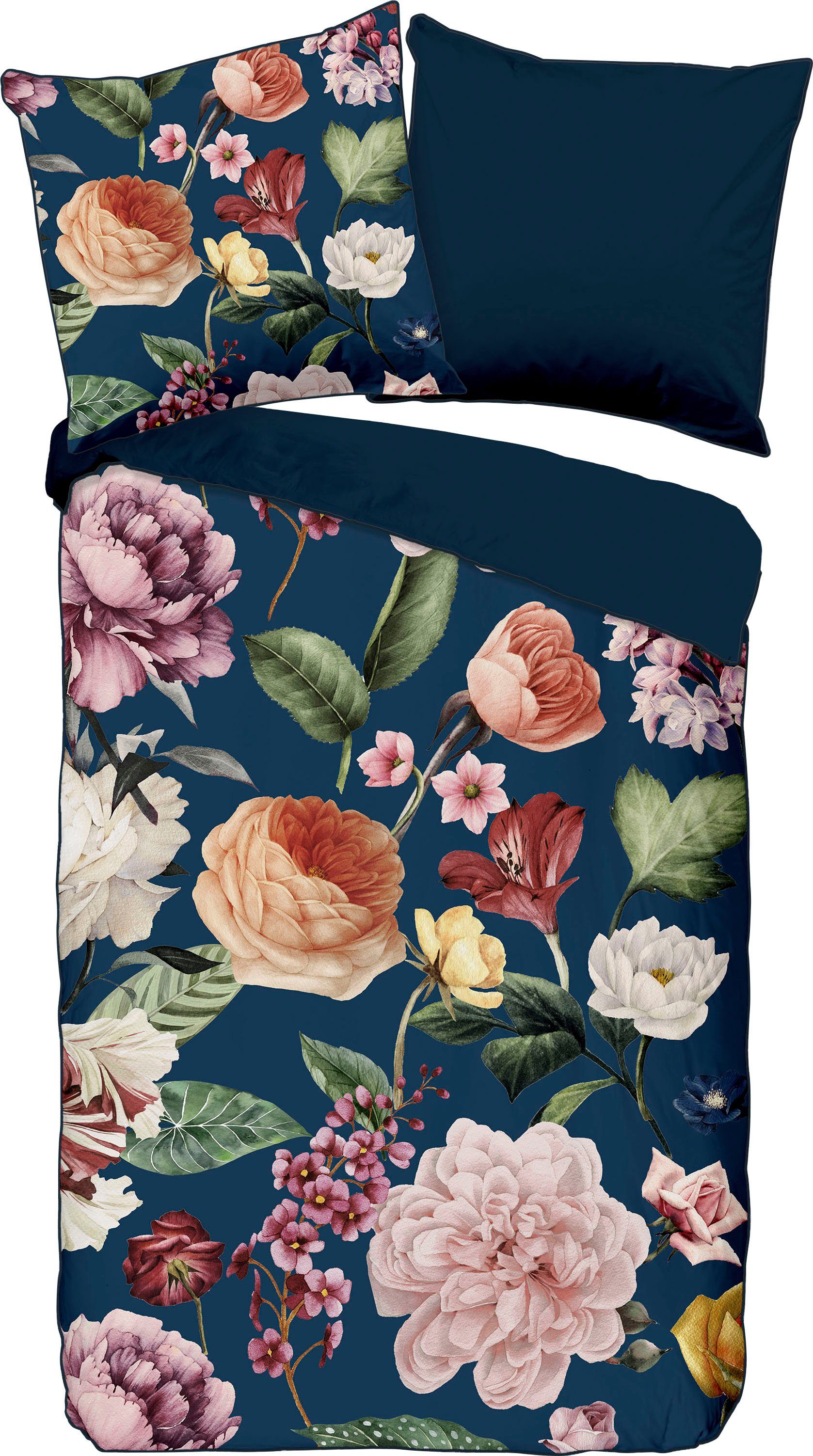 Descanso Tweezijdig te gebruiken overtrekset Fiori Katoen, Satijn, 135x200, Bies, Rits, Omkeerbaar, Bloemen Zand