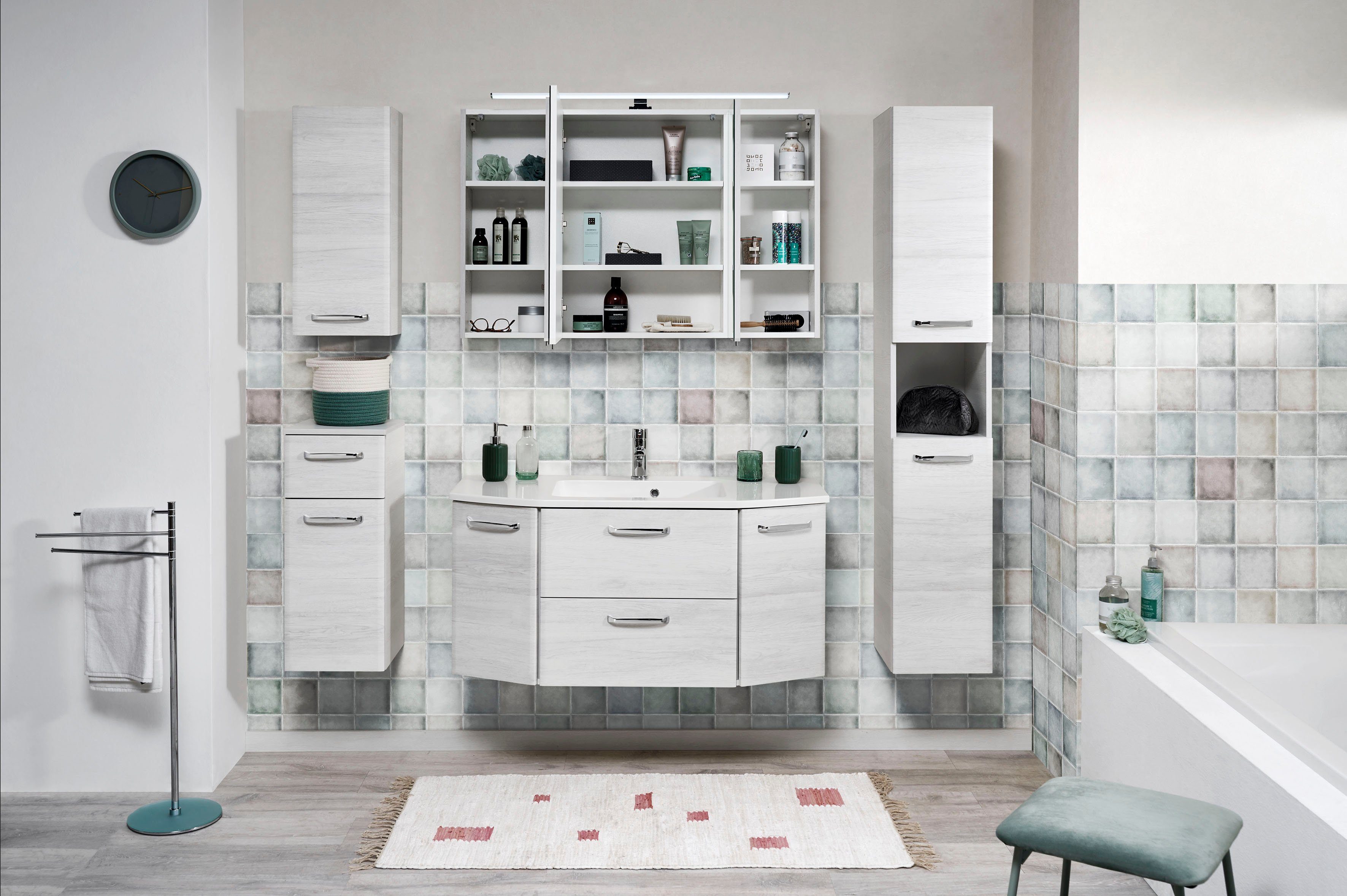 Saphir Hangend kastje Quickset wand-badkast 30 cm breed met 1 deur en 2 glazen legplanken Badkamer-hangend kastje inclusief deurdemper, grepen in glanzend chroom