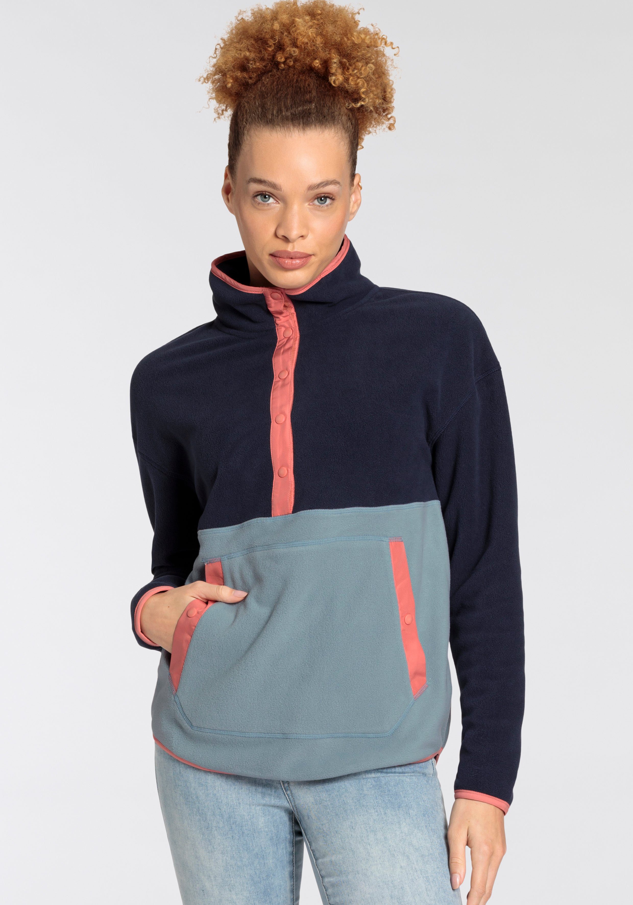 Polarino Fleecetrui met colourblocking-look, met kangoeroezak, van fleece stof