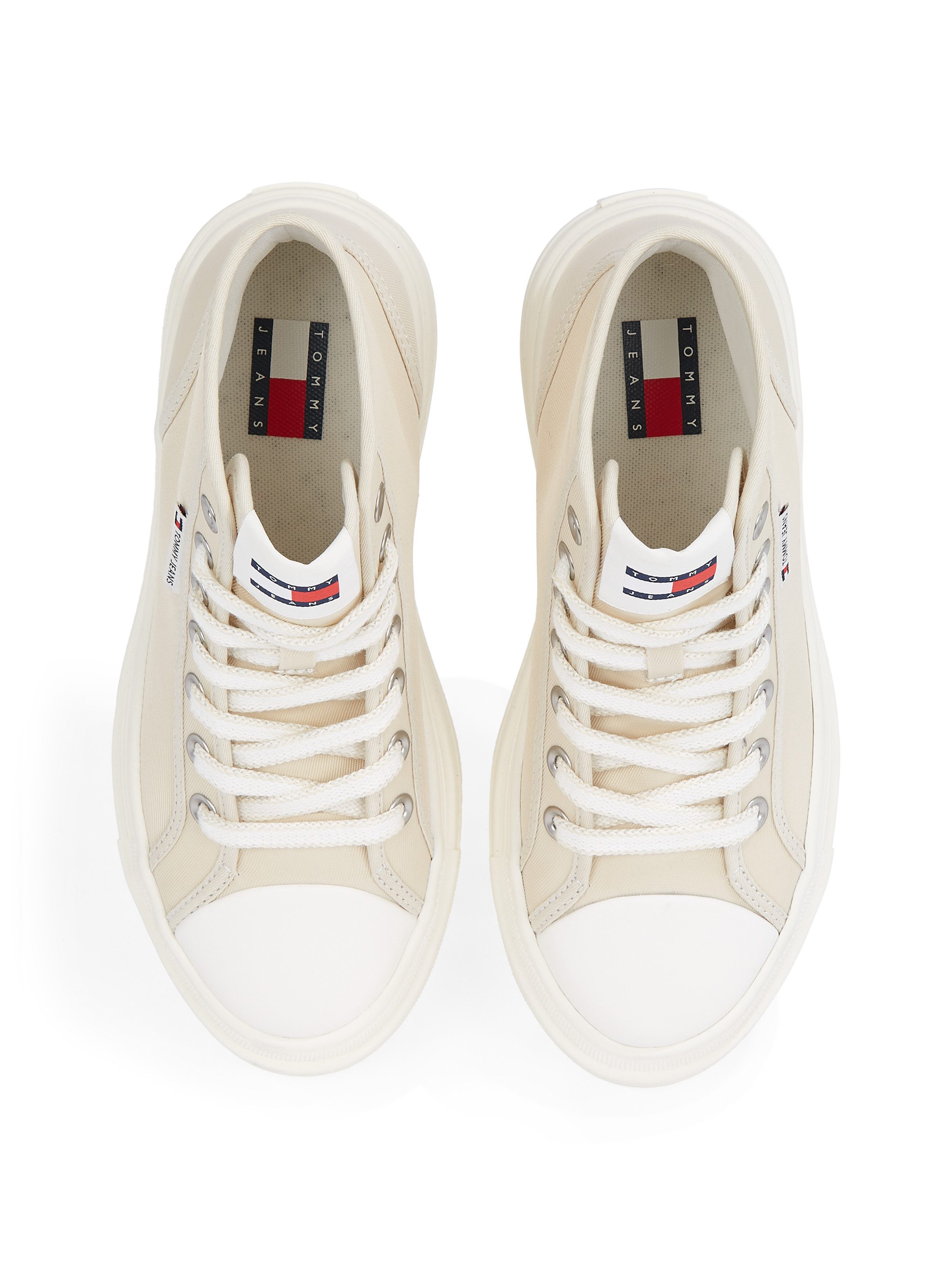 TOMMY JEANS Plateausneakers TJW FOXING FLATFORM SNEAKER HIGH freizeitschoen veterschoenen high top sneaker met contraststiksels