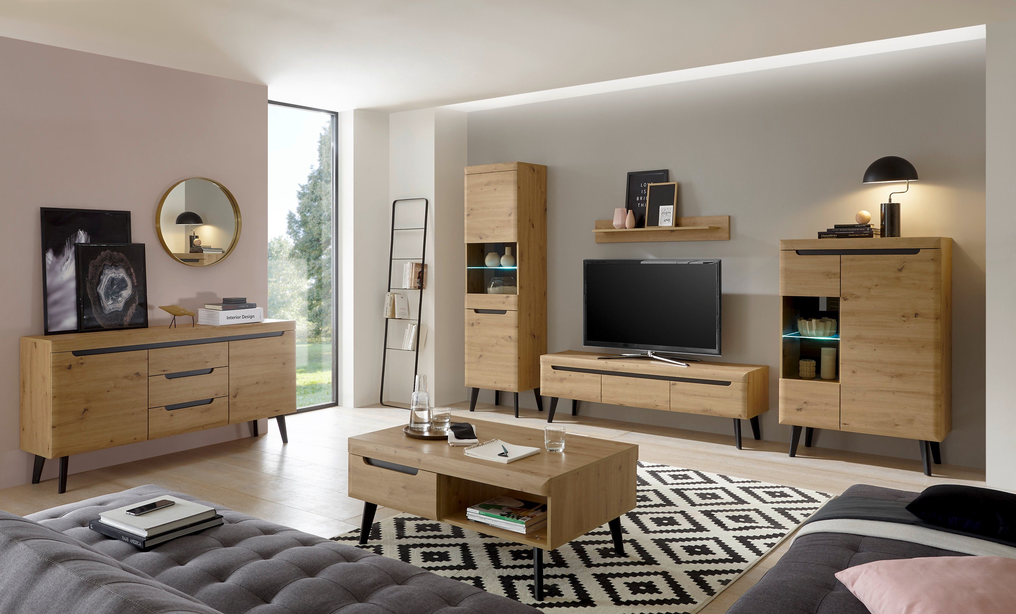 INOSIGN Wandmeubel Torge, wandmeubel, kastwand, mediawand, woonkamer-set bevat 2 vitrines, 1 lowboard, 1 wandplank, 343 cm breed (set, 4-delig)