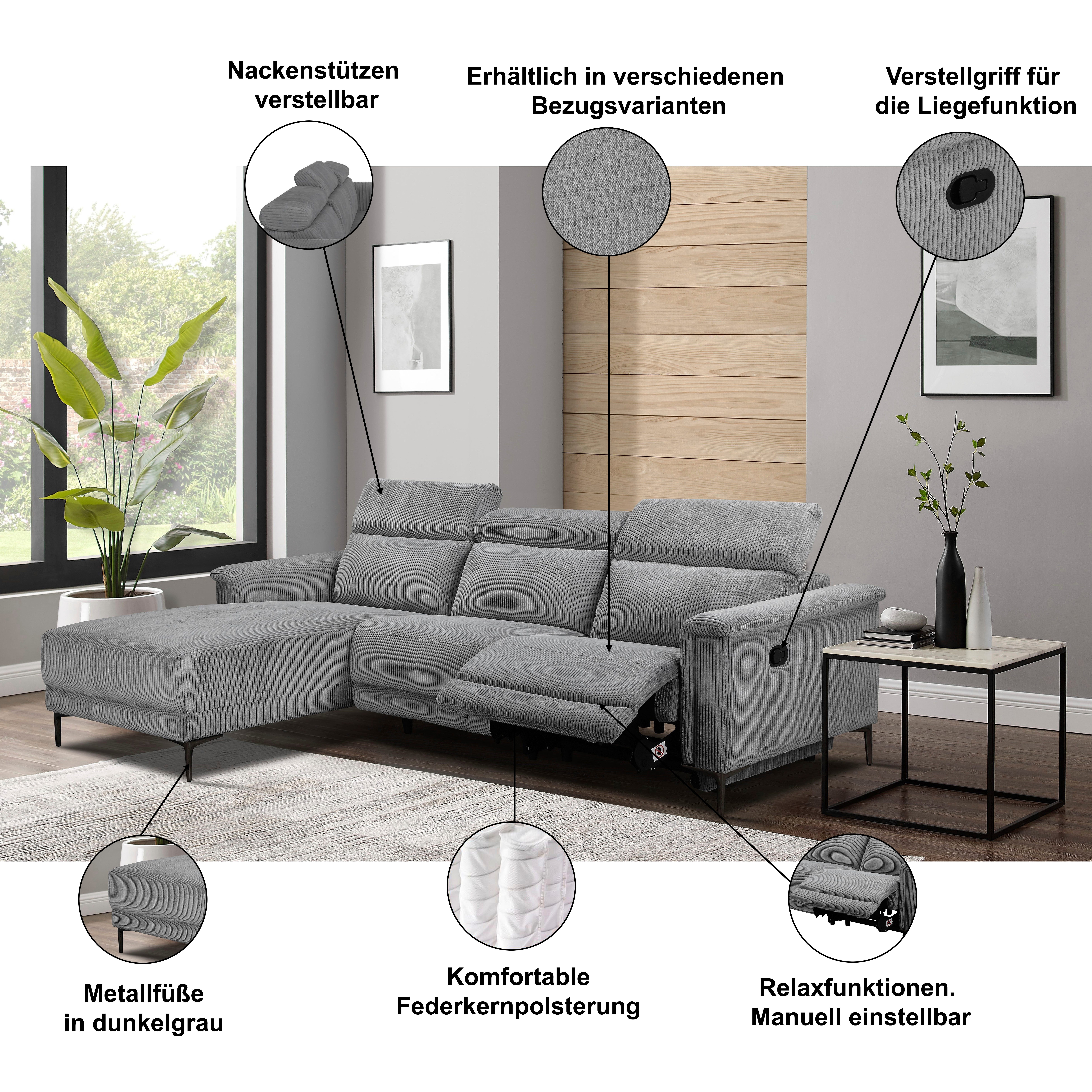Home affaire Hoekbank Lund in cord, L-vorm, 261 cm, handmatige en elektrische relaxfunctie