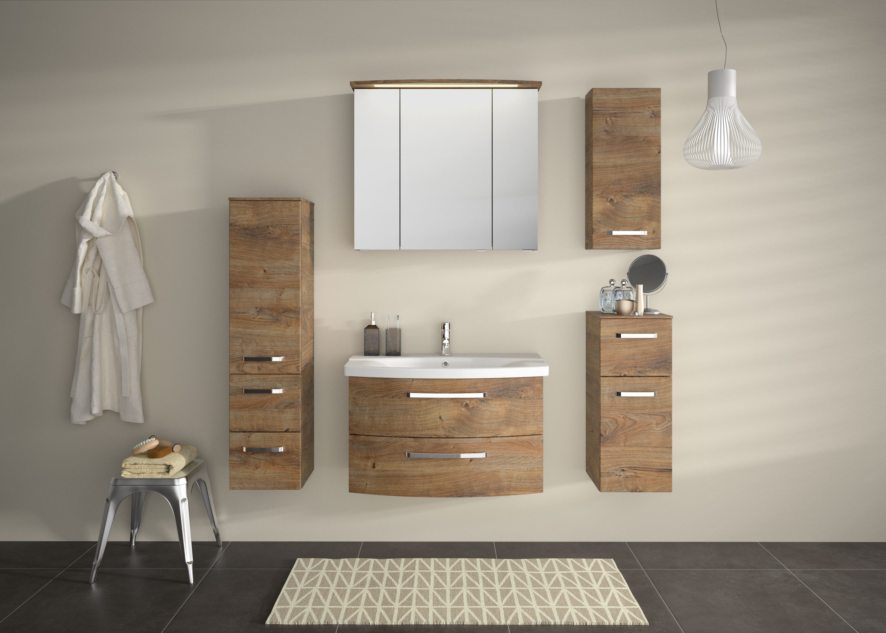Saphir Badmeubelset Serie 4010 2-delig keramische wastafel met LED-spiegelkast Badkamer set 84 cm breed, incl. deurdemper, 3 deuren, 2 lades (set)