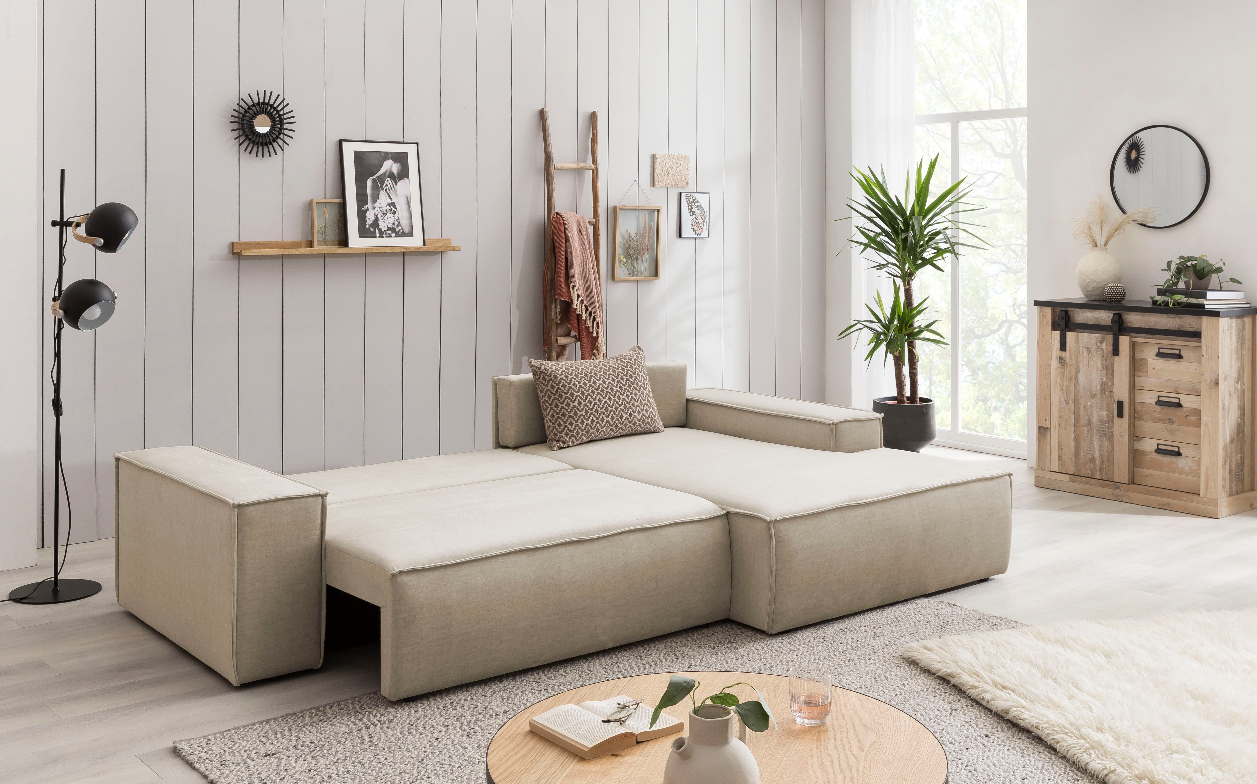Home affaire Hoekbank SHERWOOD bedbank 267 cm, L-model, Slaapfunctie met bedlade (210x136 cm), cord, vintage, fluweel