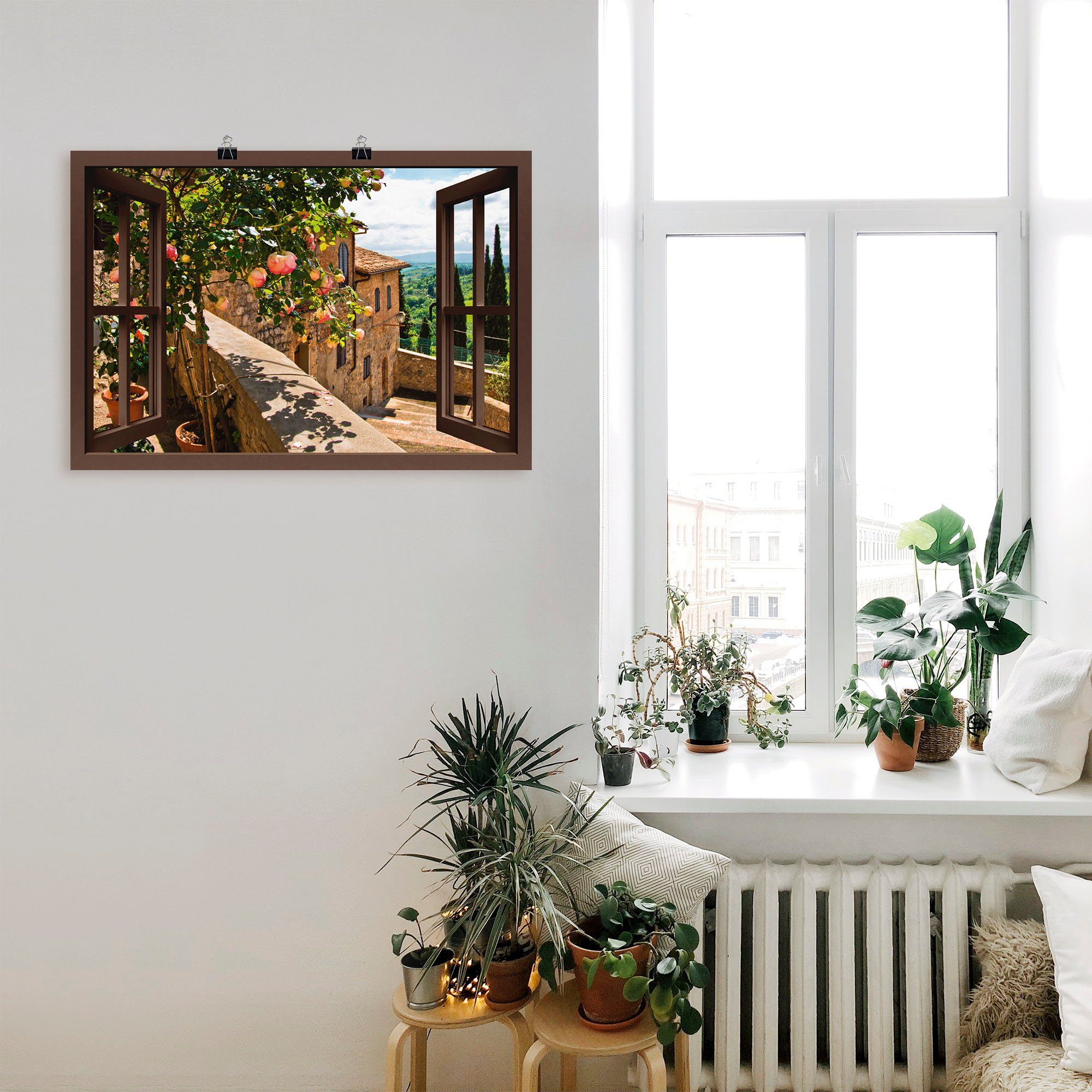 Artland Artprint Blik uit het venster rozen op balkon Toscane als artprint van aluminium, artprint voor buiten, artprint op linnen, poster, muursticker