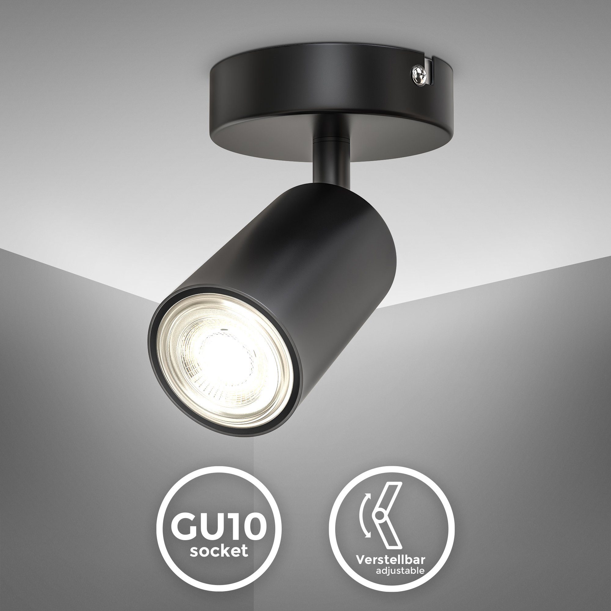 B.K.Licht Plafondspot 1-vlamige spotlamp, kantelbaar, draaibaar, zwart, zonder lichtbron (1 stuk)