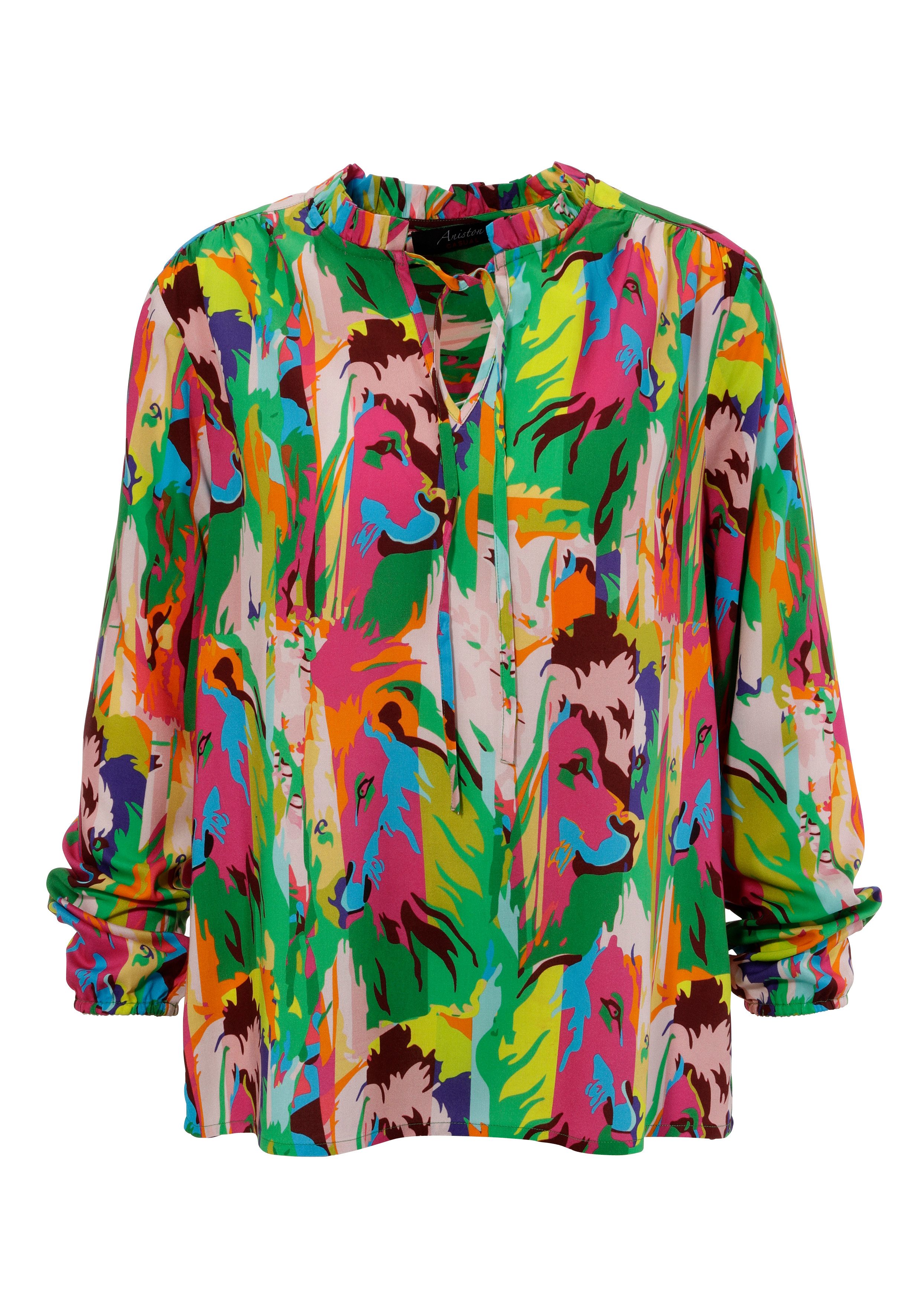 Aniston CASUAL Blouse zonder sluiting met leeuwenkoppen in kleurrijke jungleprint - nieuwe collectie