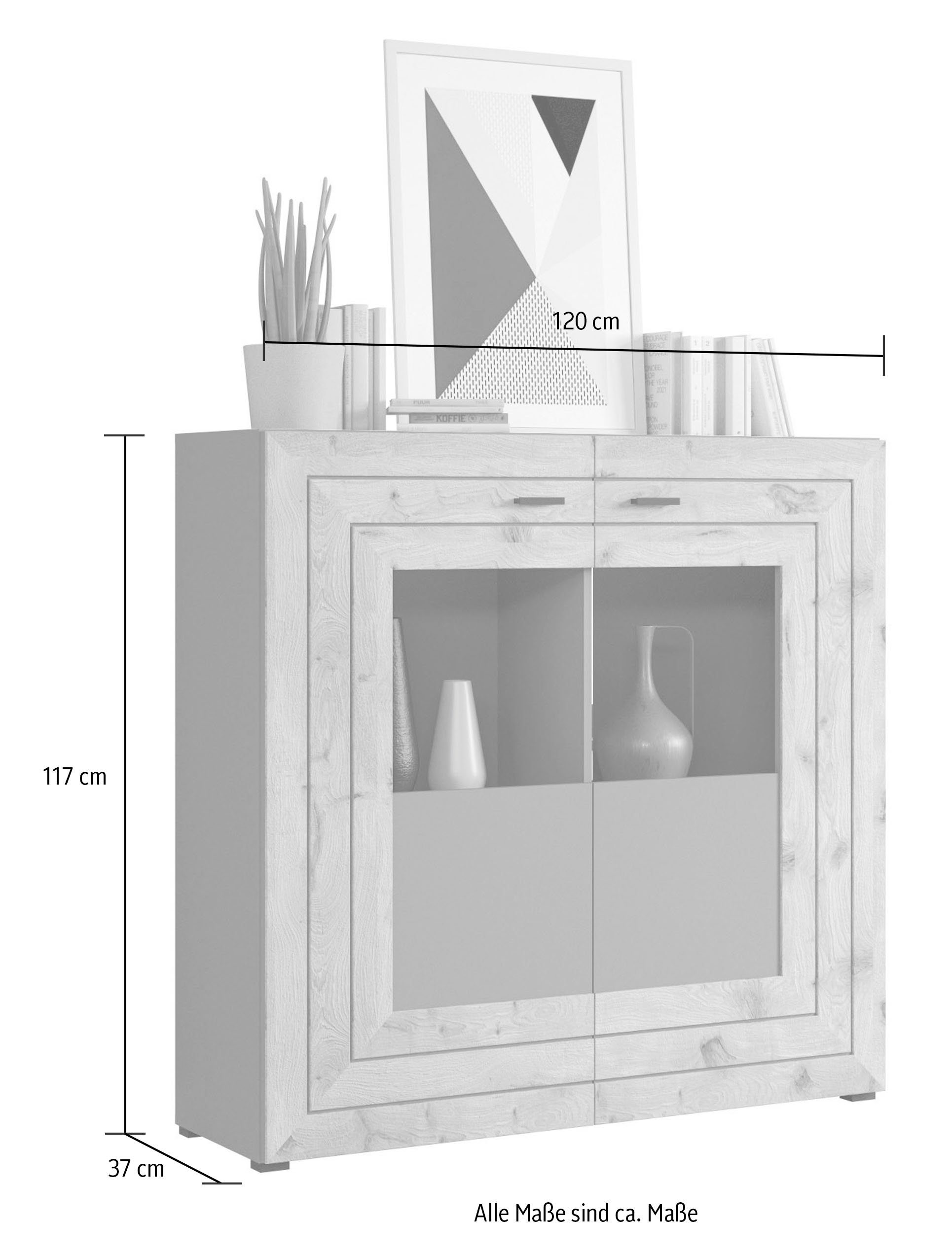 INOSIGN Highboard Aalborg, hoogte 117 cm, 2 glazen deuren, 6 vakken, 2-kleurig, metalen handgrepen