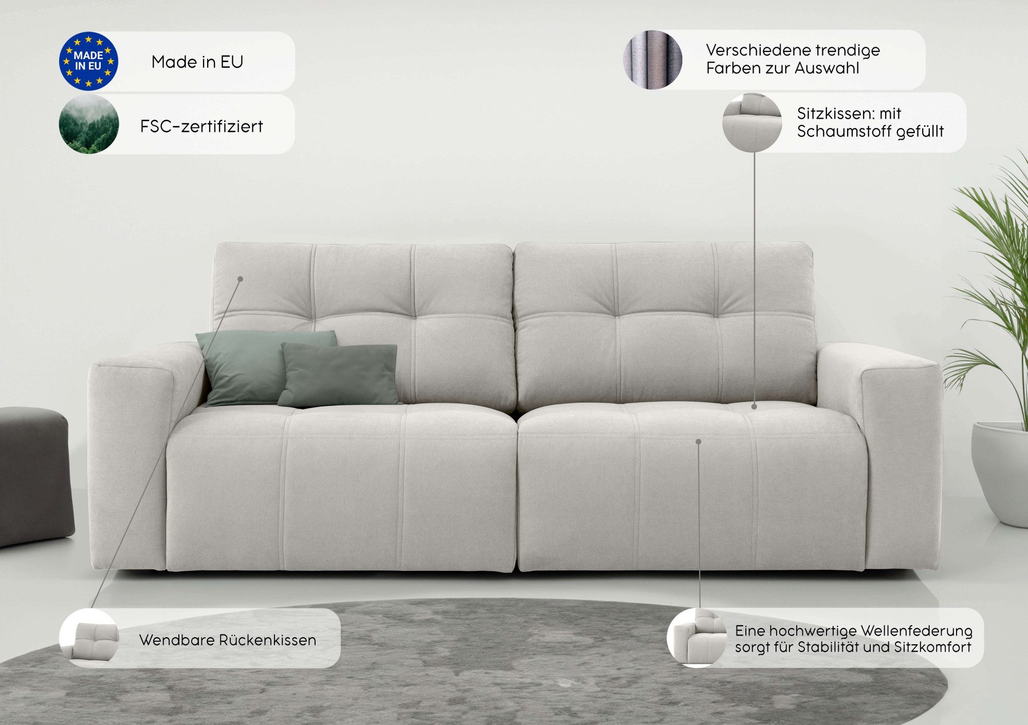 Home affaire 3-zitsbank Tournon, loungebank, breedte 220 cm Chenille, met knoop- en dubbele stiksels, elegante uitstraling