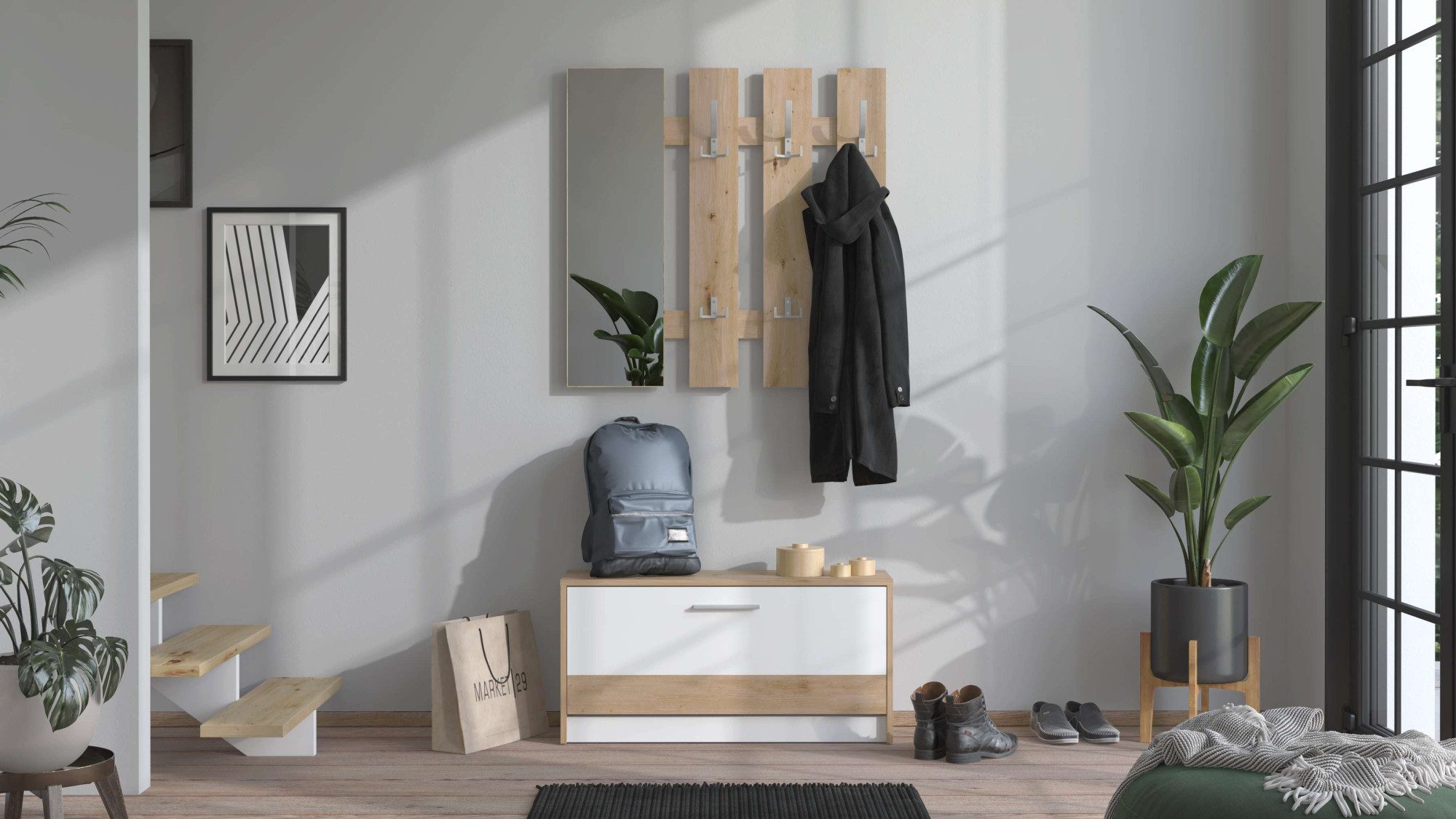 INOSIGN Halmeubelset Rimini, Set 2-delig bestaande uit een garderobepaneel en schoenenkast (2-delig) kapstokpanelen wit