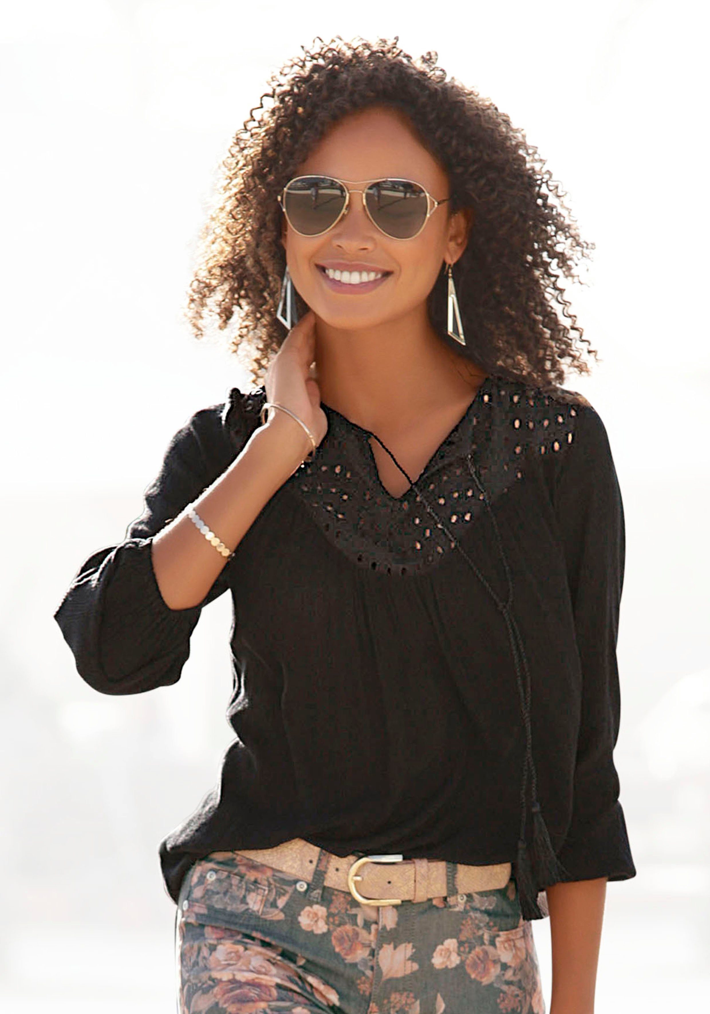lascana crêpe-blouse met geborduurde oogjes, damesblouse, losse pasvorm zwart