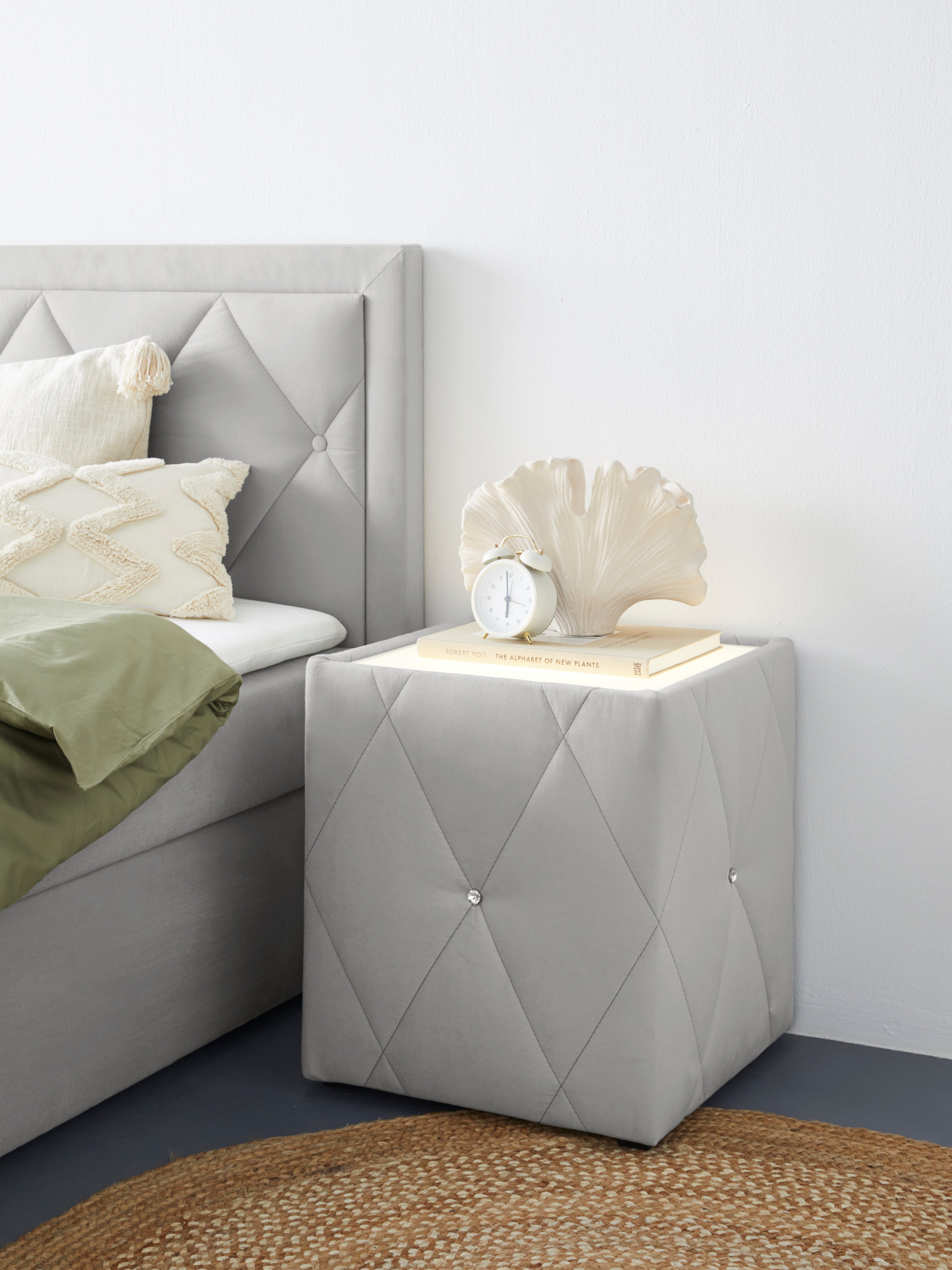 Leonique Nachtkastje Alfie met verlichting en bekleding van fluweel nachtkastjes zilver(kleur)