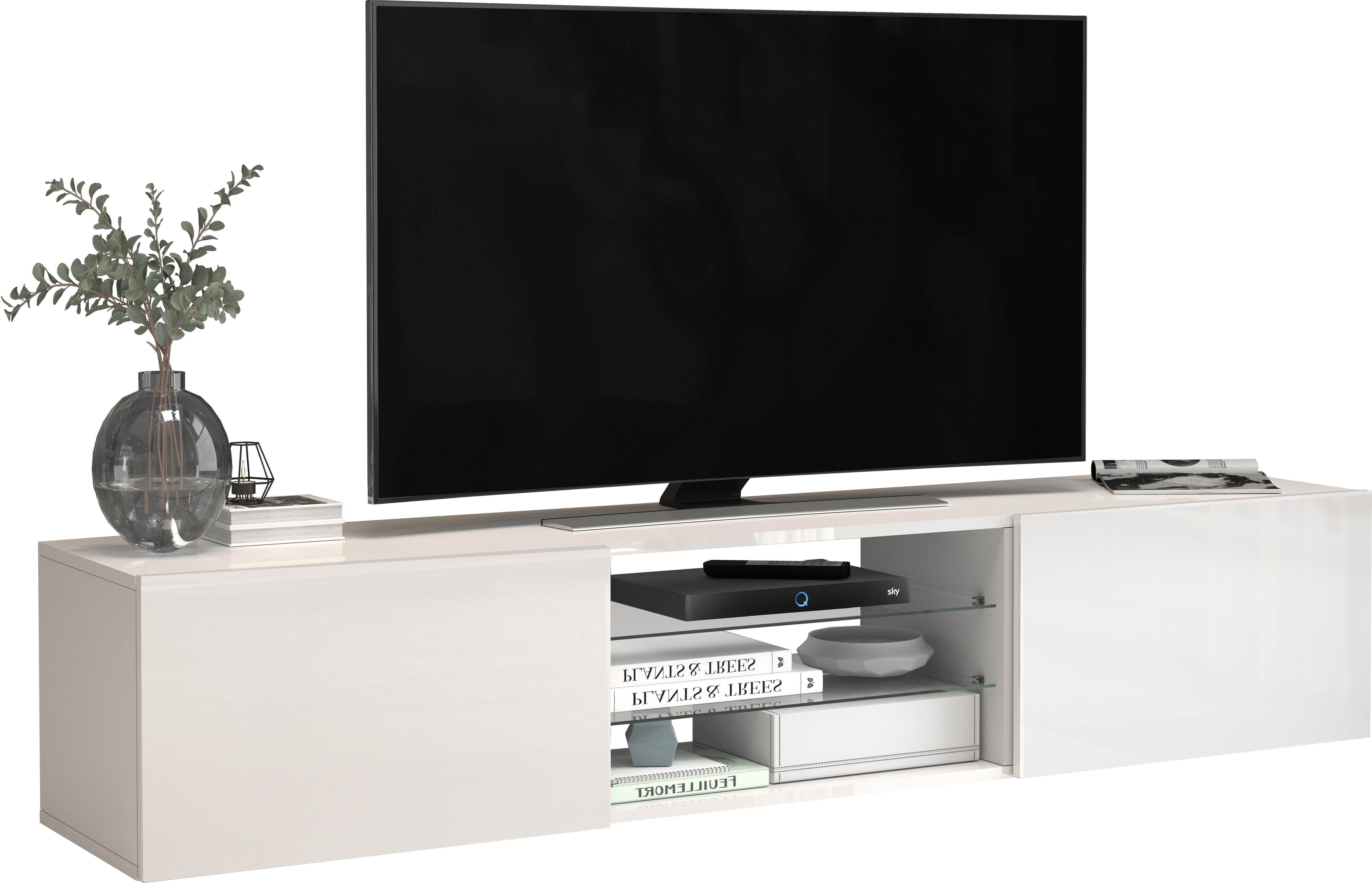 INOSIGN Tv-meubel Egypt, Lowboard, TV-ladekast, TV-meubel, TV-bank met 2 kleppen, 2 glazen planken, volledig hoogglans gelakt (b/d/h) 180x38x35 cm