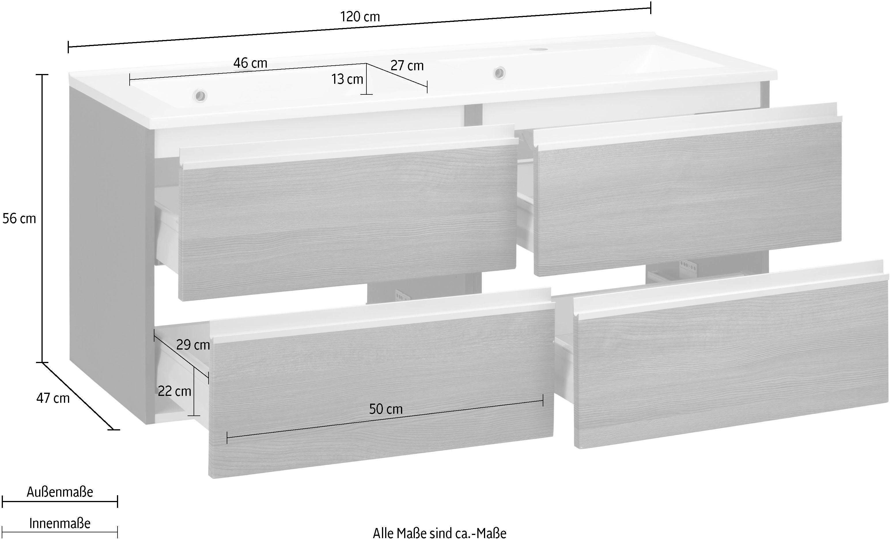 welltime Wastafelonderkast Ohio Badkamermeubel, wastafelonderkast inclusief wasbak, breedte 120 cm