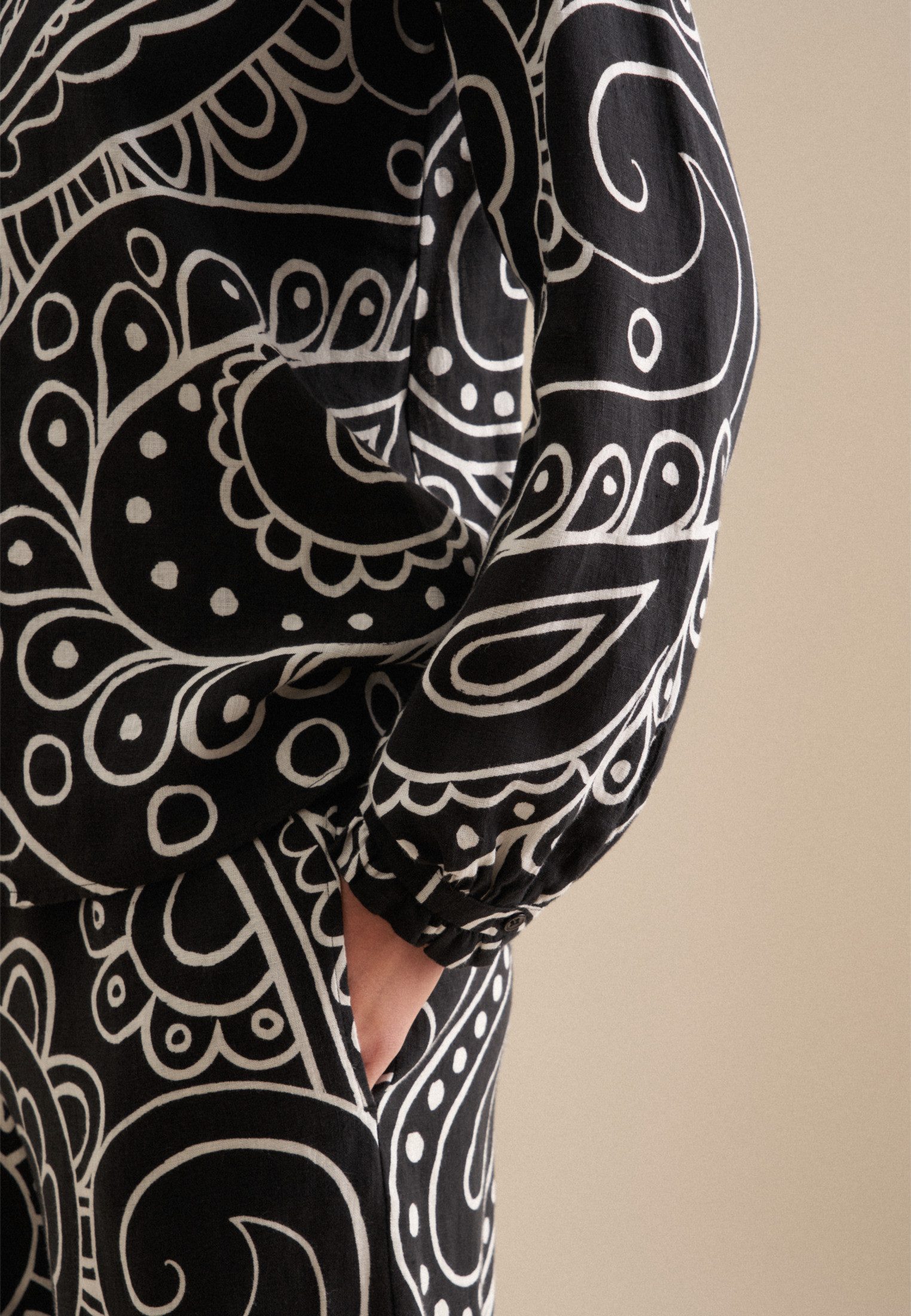 seidensticker Klassieke blouse Zwarte roos Lange mouwen ronde hals paisley