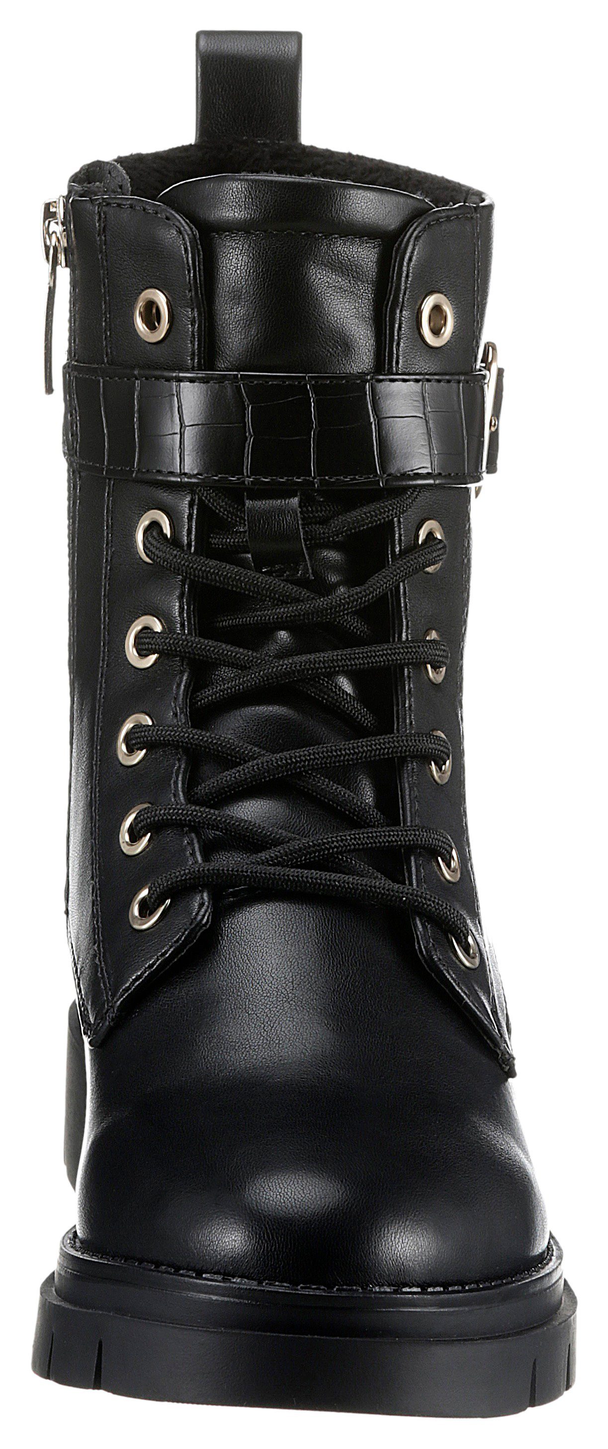 Tamaris Hoge veterschoenen met decoratief bandje in reptielenpatroon en gesp