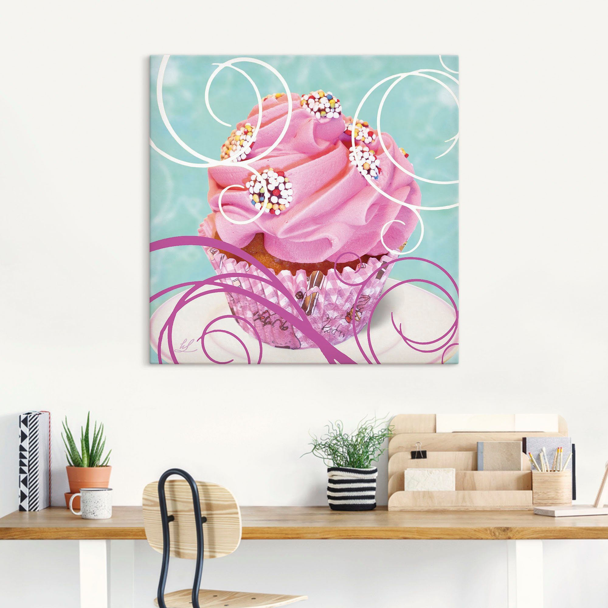 Artland Artprint Cupcake op petrol - gebak als artprint van aluminium, artprint op linnen, muursticker of poster in verschillende maten